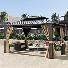 10x13ft Double Roof Hardtop Gazebo, Heavy Duty Galvanised Steel Hardtop Pavilion with Nettings and Curtains, Metal Roof Gazebo for Patio, Terrace, Lawn and Deck, Brown