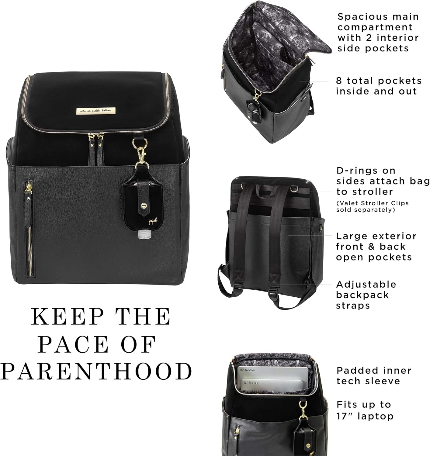 Petunia Pickle Bottom Tempo Backpack, Designed for Busy Families, Attaches to Stroller or Suitcase, Spacious Main Compartment, Twilight Black