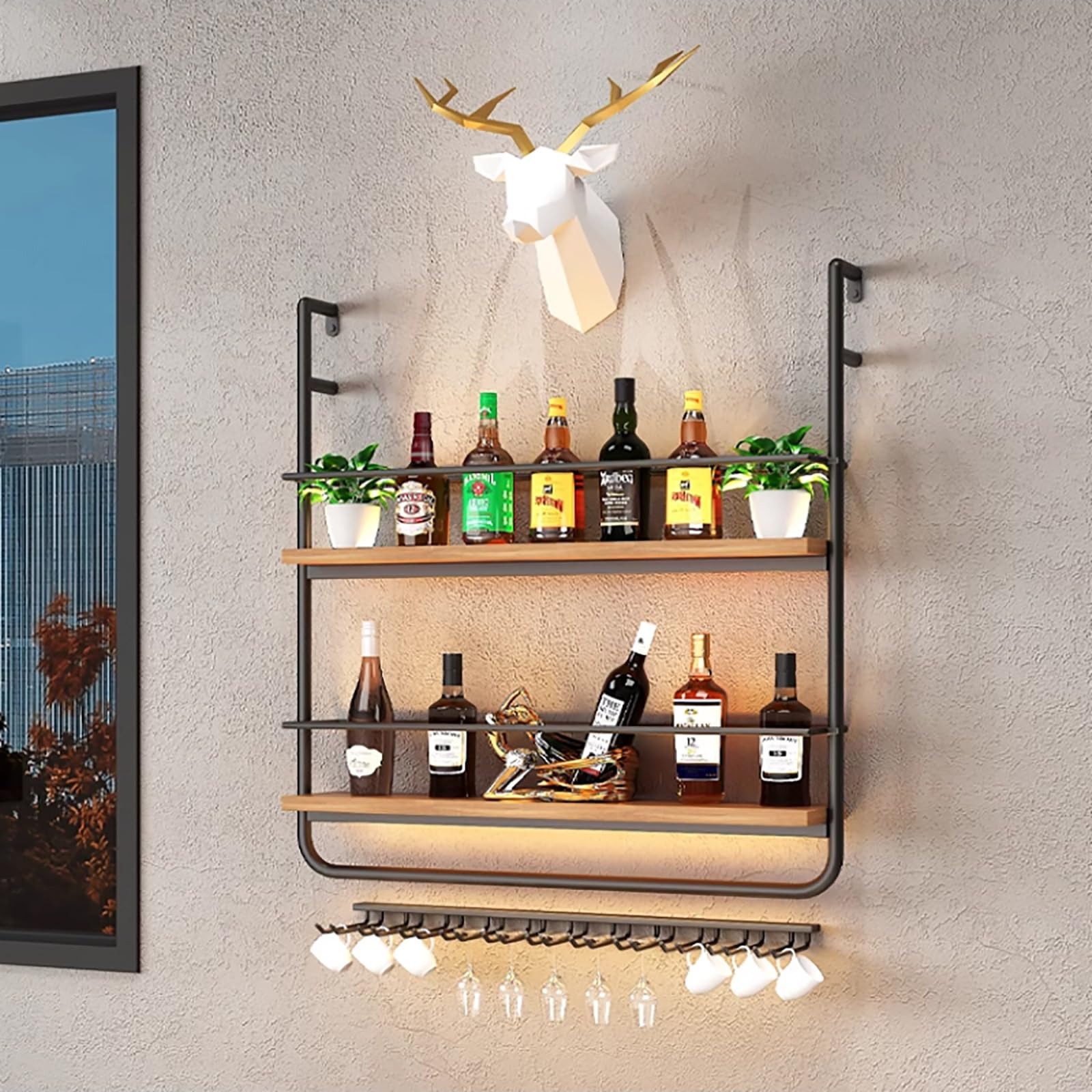 Étagère murale à vin en fer et bois avec porte-verre suspendu