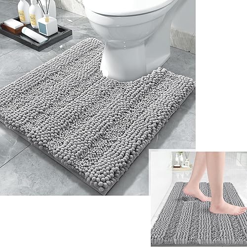 Yimobra Alfombra de baño de felpilla a rayas de 24 x 17 pulgadas + forma de U de 24 x 20 pulgadas, suave y cómoda, súper absorción de agua,