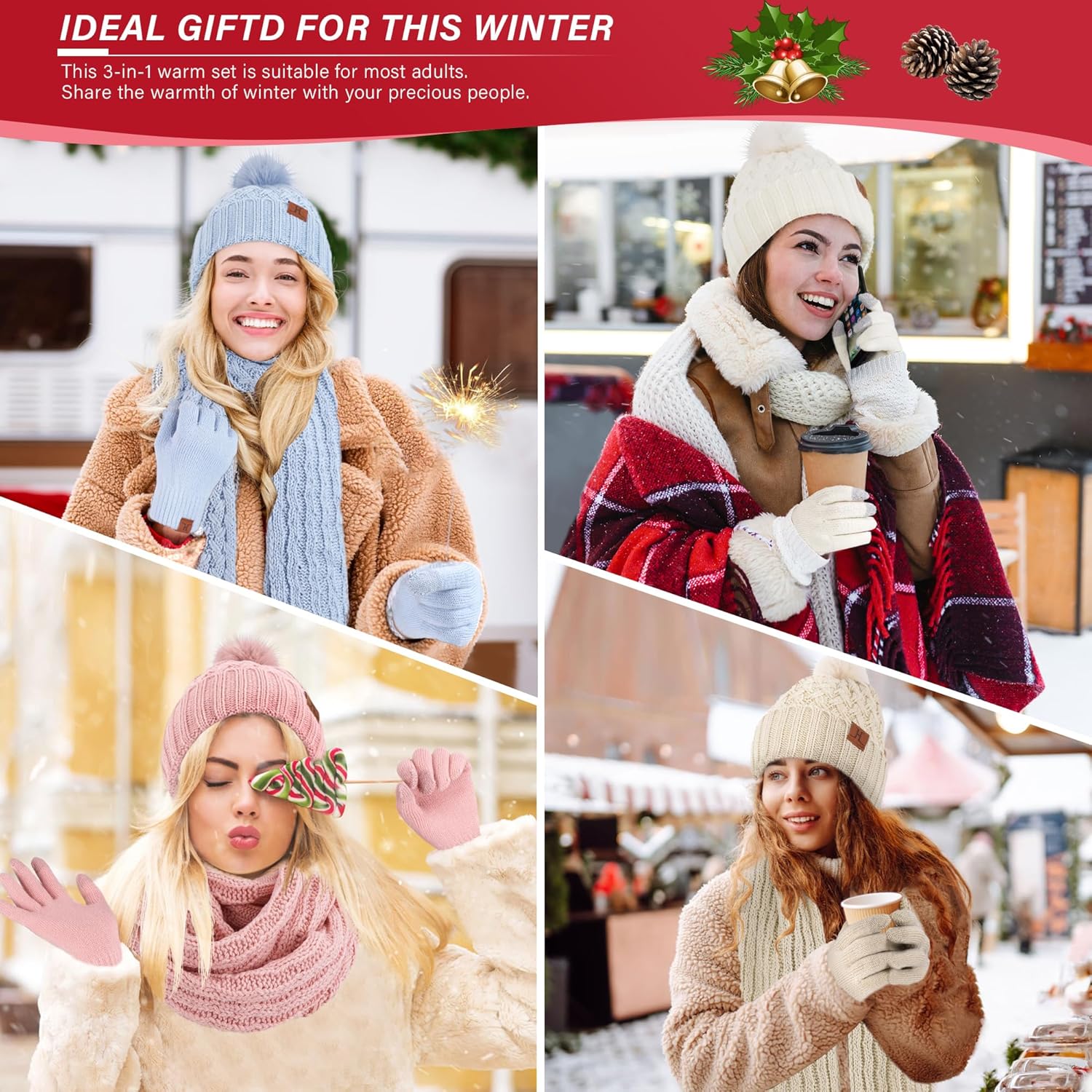 Womens Winter Beanie Hat Touchscreen Gloves Long Neck Scarf Set Warm Knit Caps with Pom Fleece Gifts for Women