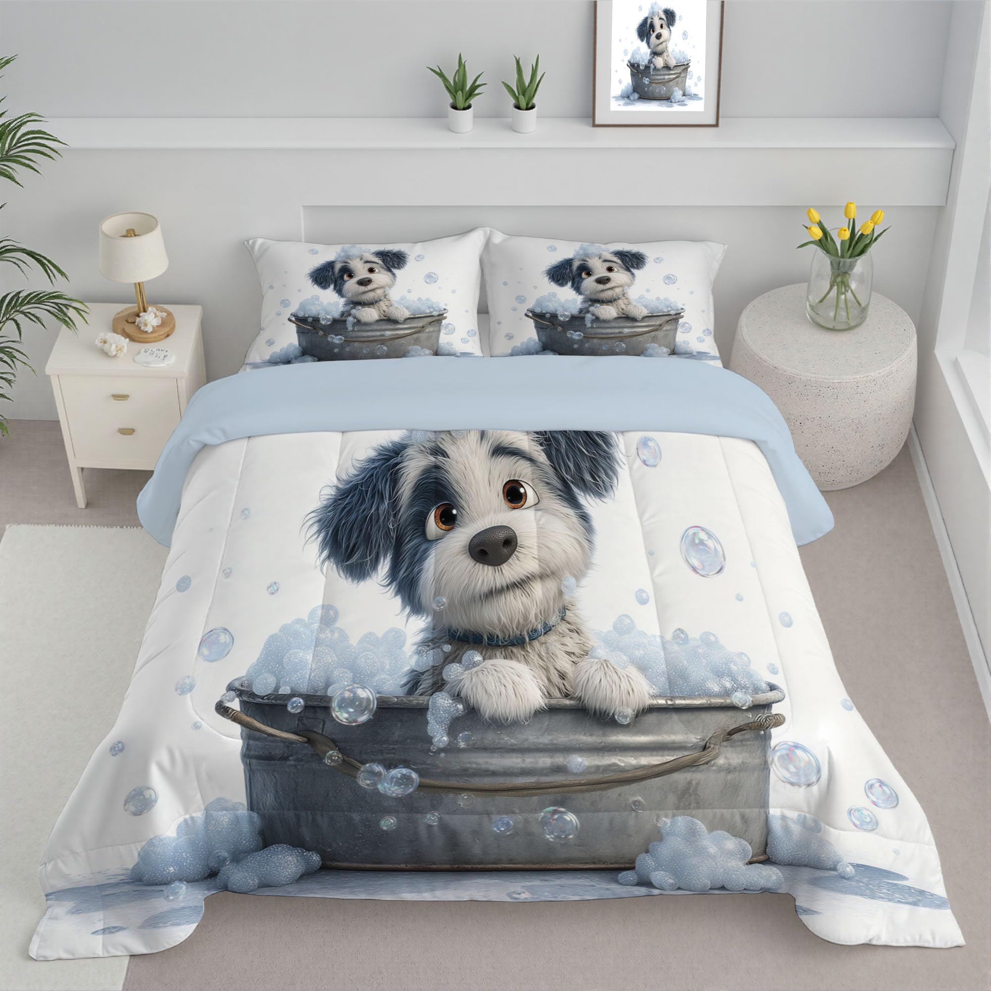 Trapunta Letto Matrimoniale 4 Stagioni Piumone per Bambini, Vasca Bagno Cane Carino Leggero Cartoni Animati Animali Set di Biancheria da Letto 200x200cm con 2 Federe,Piumino Lavabile In Lavatrice