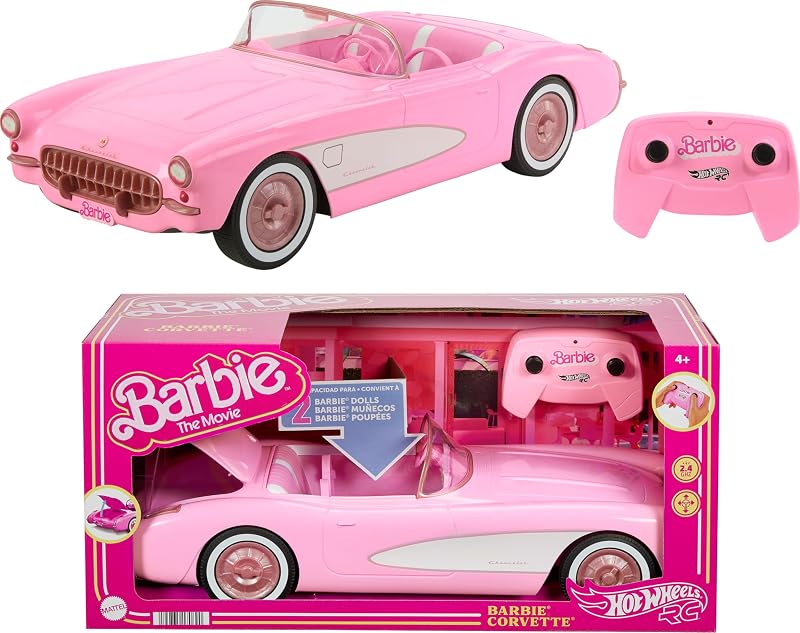 Hot Wheels RC Corvette de Barbie la película, auto de juguete con control remoto con todas las funciones y capacidad para 2 muñecas Barbie