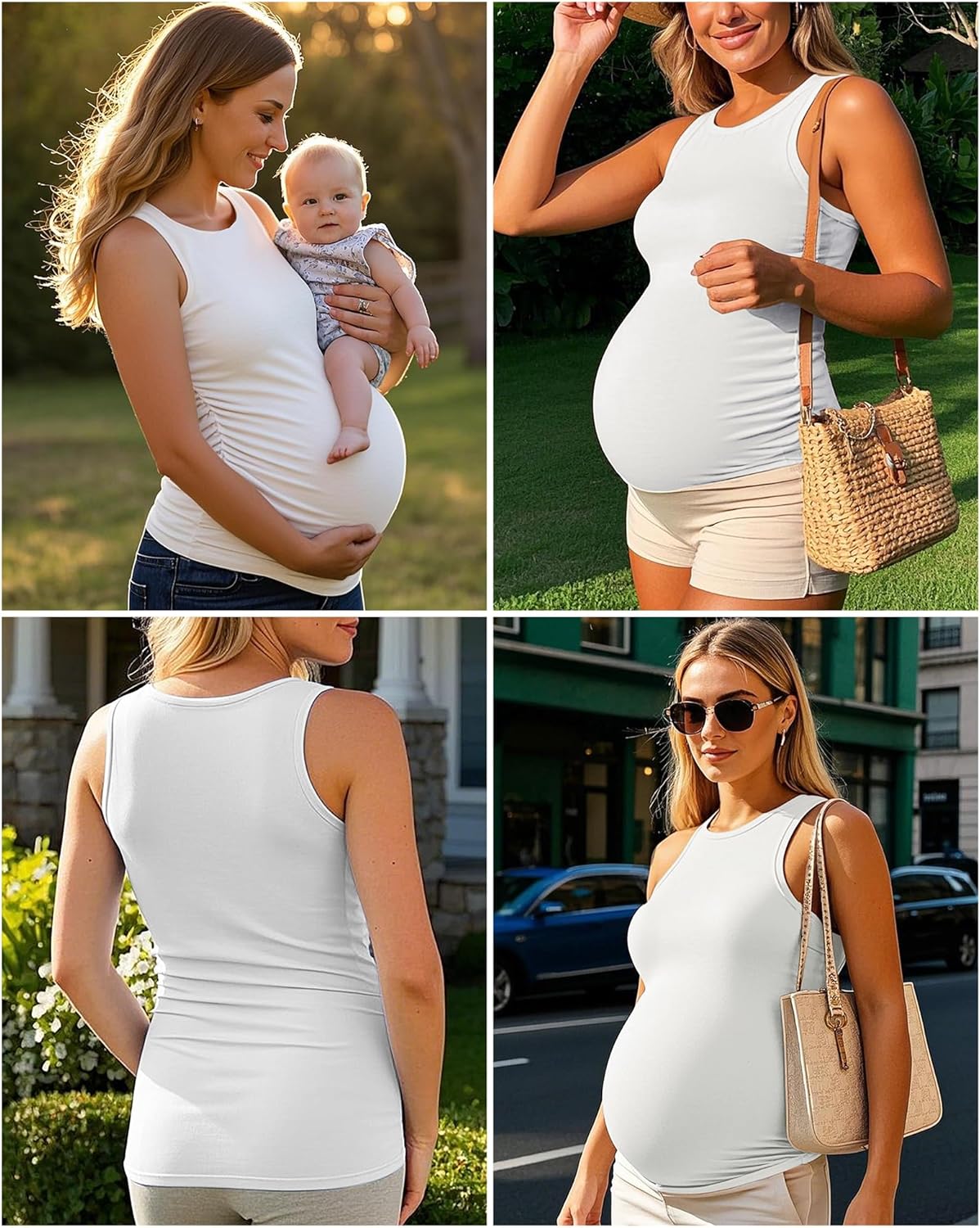Ficerd 4 Pack Women's Maternity Tank Tops, Side Ruched Sleeveless Pregnancy Shirts Summer Comfy Round Neck Maternity Vest Tee - Image 4