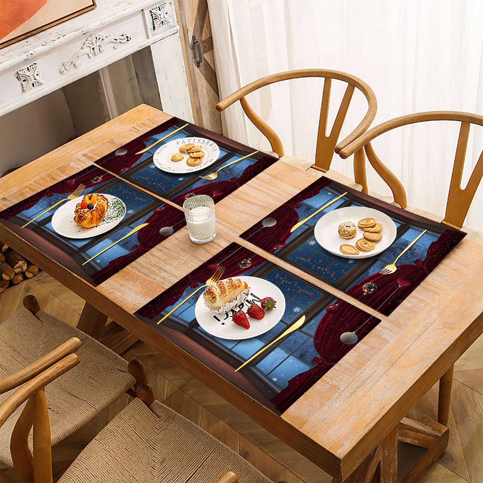 Platzset Weihnachten, 8er Set Tischsets Nachthimmel Schneeszene, 30x45 cm Natur Winter Wald Platzsets Abwaschbar, Blau Leinen Weihnachts Tischset Für Party und Tisch Weihnachtsdeko
