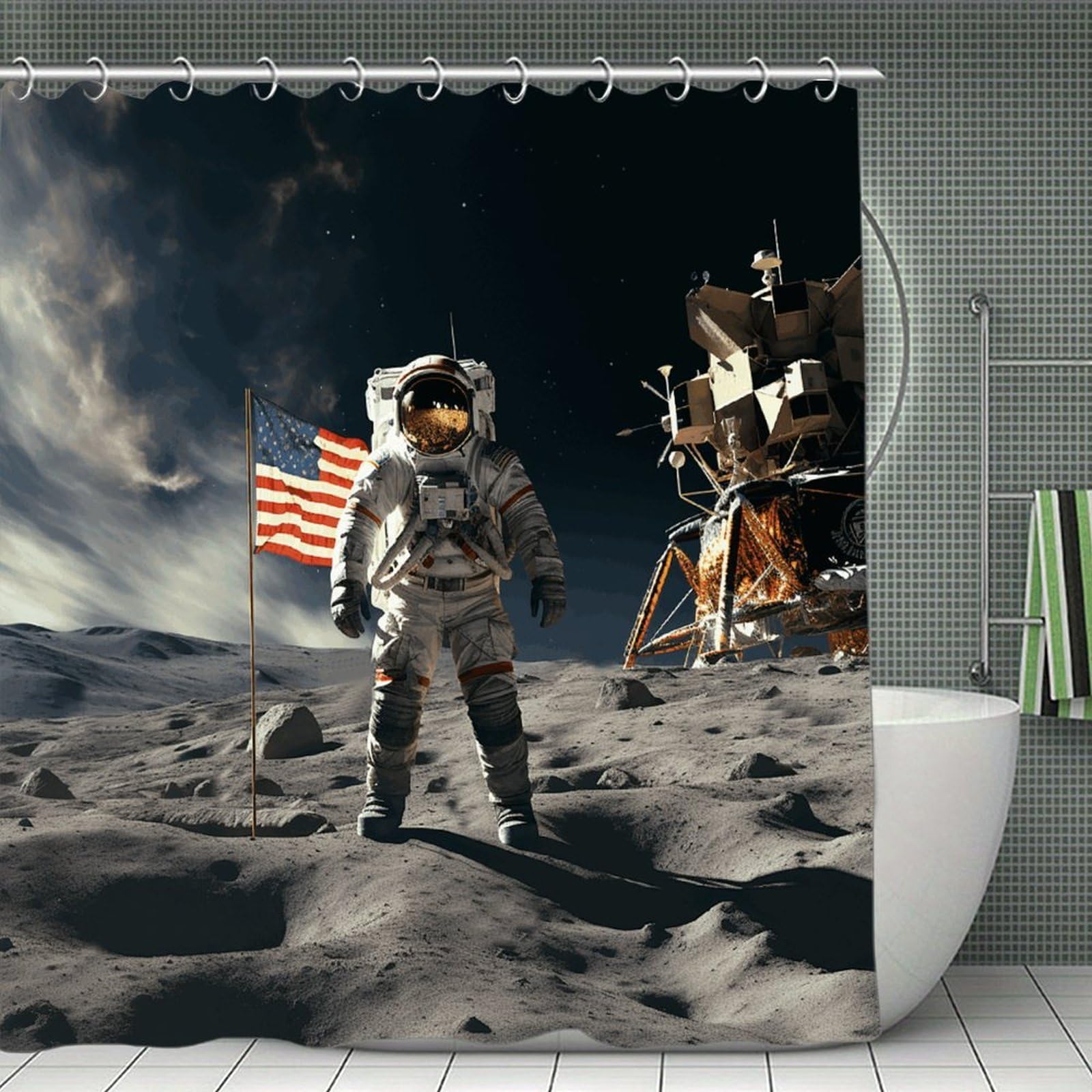 VstaDank Astronaut Landing on The Moon Bath Curtain Elegant Heavy Duty Shower Curtains 70x70 in Rustic Farmhouse Cloth Shower Curtains Neutral Modern Bath Curtain for Bathroom