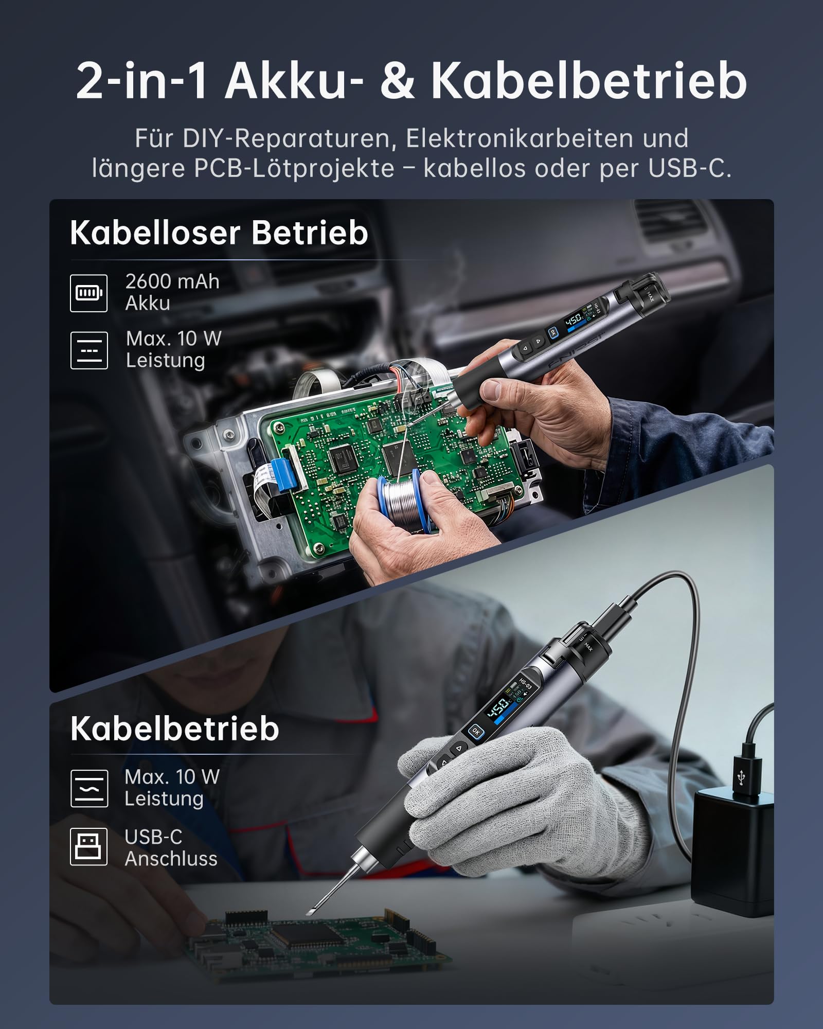 FNIRSI HS-03 Akku Lötkolben Set, kabelloser Lötkolben mit 2600mAh Akku, 100–450°C, 3s schnelles Aufheizen, 5 Temperaturstufen, 0,96" IPS Display, tragbarer Lötkolben für Elektronik, DIY, PCB