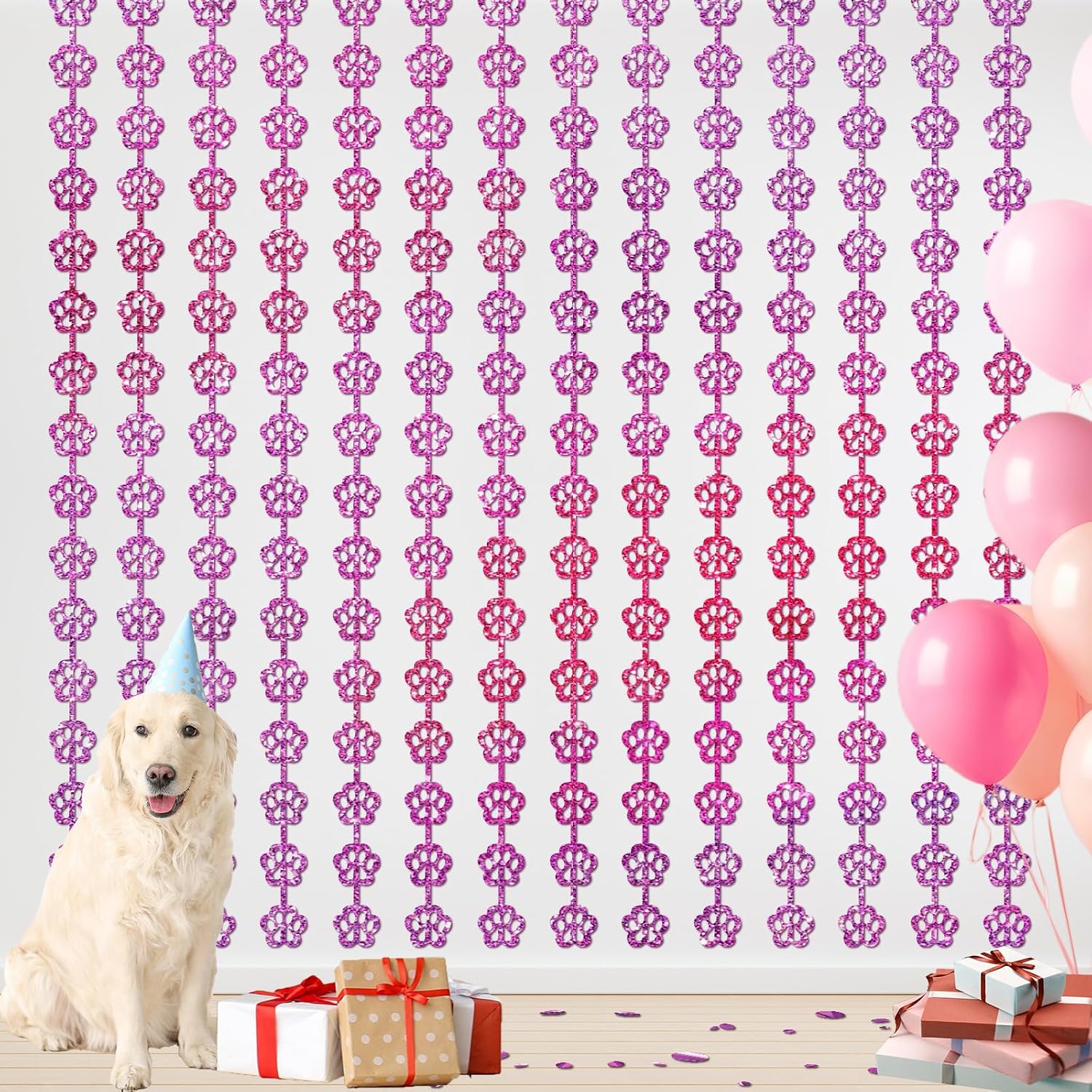 Pink Dog Birthday Party Supplies 2 Pack Pink Dog Paw Party Decorations 3.3x6.6ft Paw Tinsel Foil Fringe Curtains Puppy Photo Booth Prop Backdrop Streamer for Pet Themed Birthday Party Decor Favors