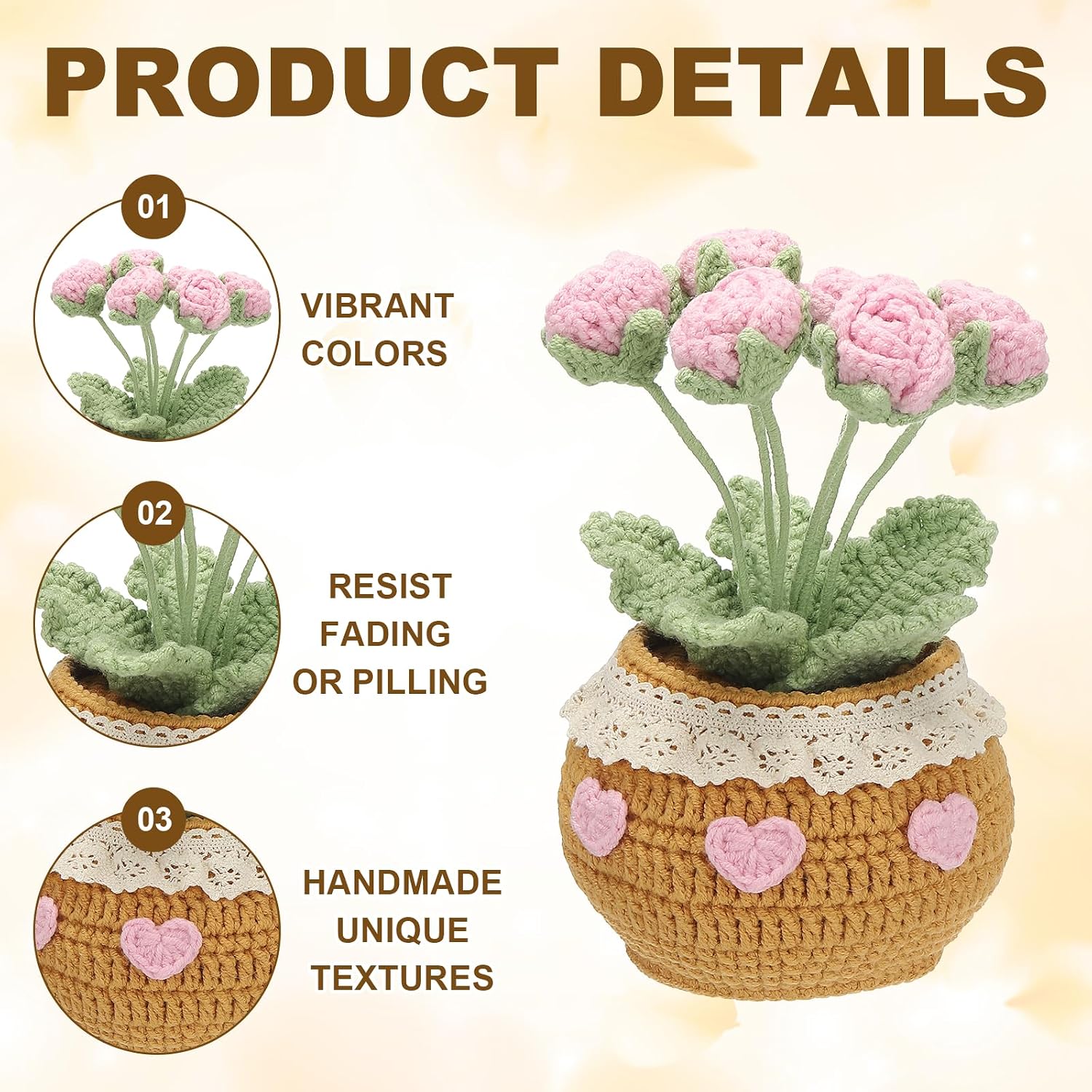 Crochet Flowers, Rose Artificial Flowers Cute Little Potted Handmade Knitted Plants - Fitting for (Birthday Graduation Gifts - Home Office - Women) 6 Flowers & Pink