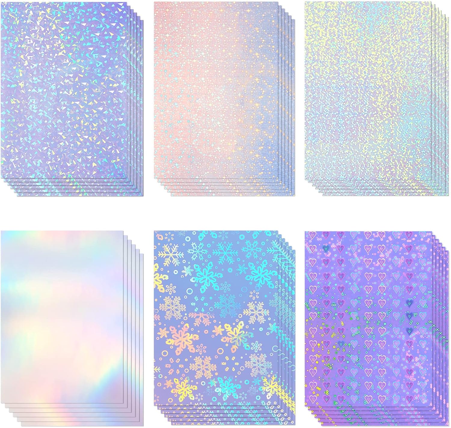 Clabby 36 Sheets Holographic Sticker Paper A4 Vinyl Holographic Laminate Sheets Self Adhesive Waterproof Transparent Film, 11.7 x 8.3 inches(Gem,Rainbow,Spot,Star,Snowflake,Heart)