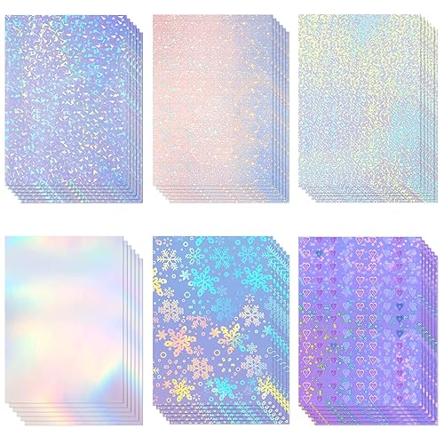 Clabby 36 Sheets Holographic Sticker Paper A4 Vinyl Holographic Laminate Sheets Self Adhesive Waterproof Transparent Film, 11.7 x 8.3 inches(Gem,Rainbow,Spot,Star,Snowflake,Heart) - Gem,Rainbow,Spot,Star,Snowflake,Heart