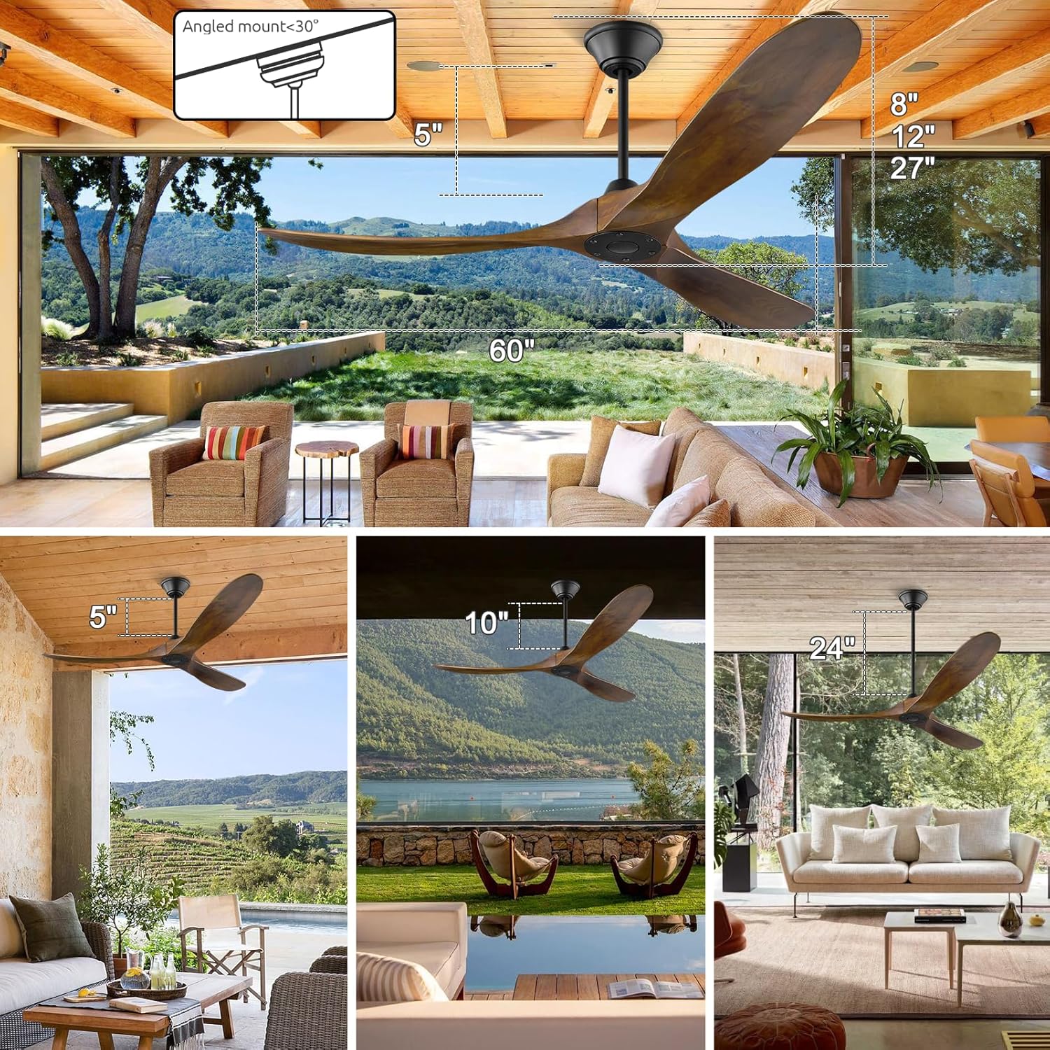 60 inch Ceiling Fan No Light, Outdoor Ceiling Fans for Patios, Wood Ceiling Fan with Remote Control, 3 Blade Propeller Fan, 6 Speed Noiseless Reversible Dc Motor, Indoor Outdoor Fan
