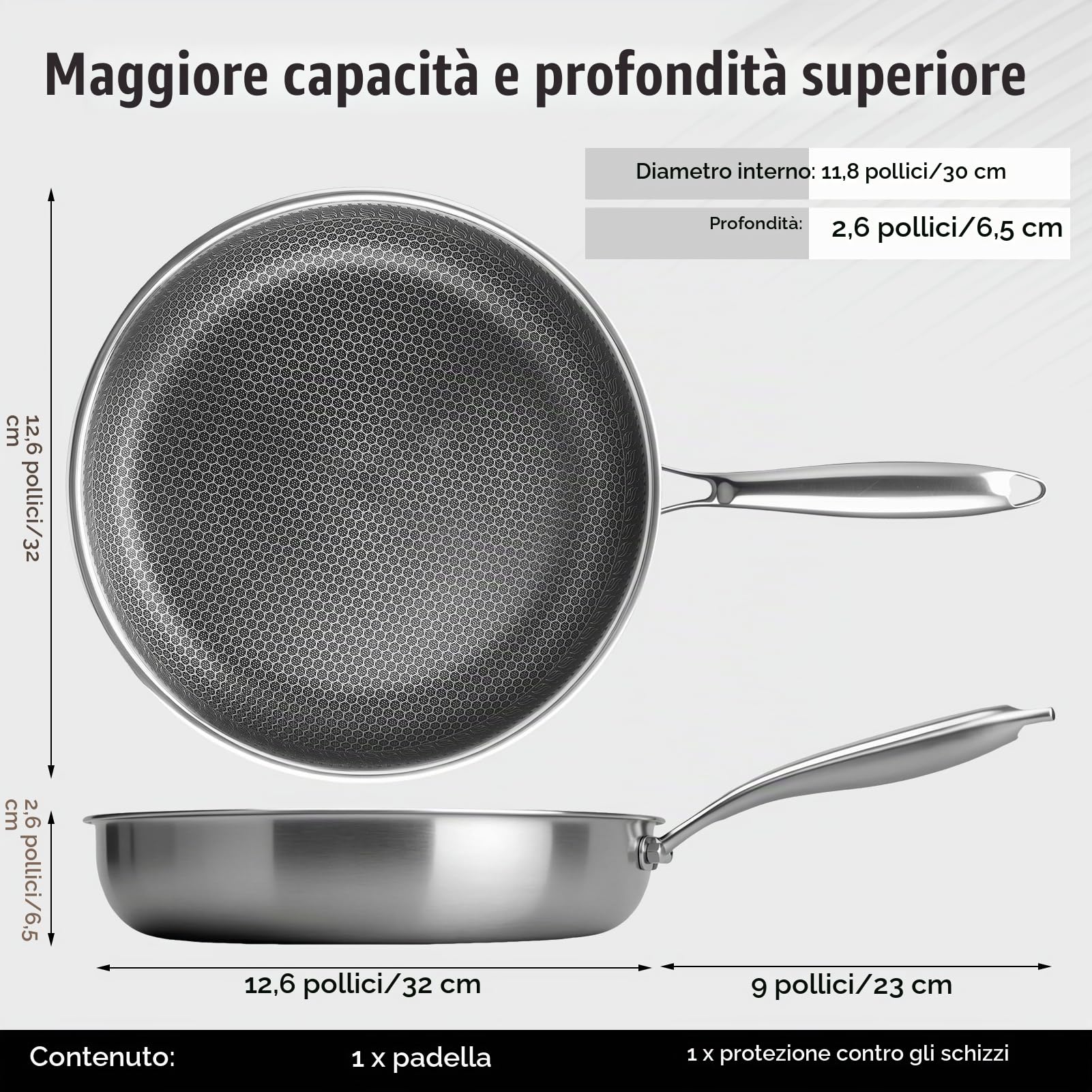 Padella Ibrida Inox Antiaderente 32cm con Superficie a Nido d'Ape | Padella Senza PFAS con Struttura Tri-Ply, Compatibile Induzione, Forno e Lavastoviglie