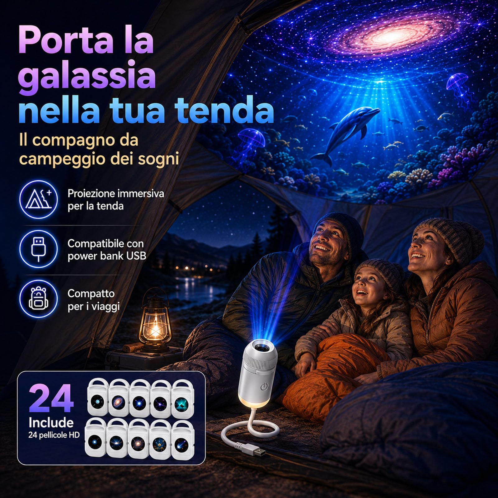 2027 Proiettore Galassia Soffitto Galaxy Projector Night Light, Plug-And-Play Hd Star Projector Proiettore Di Stelle 2 In 1, Rotazione A 360° Luminosità Regolabile (24 Pellicole Per Proiezione)
