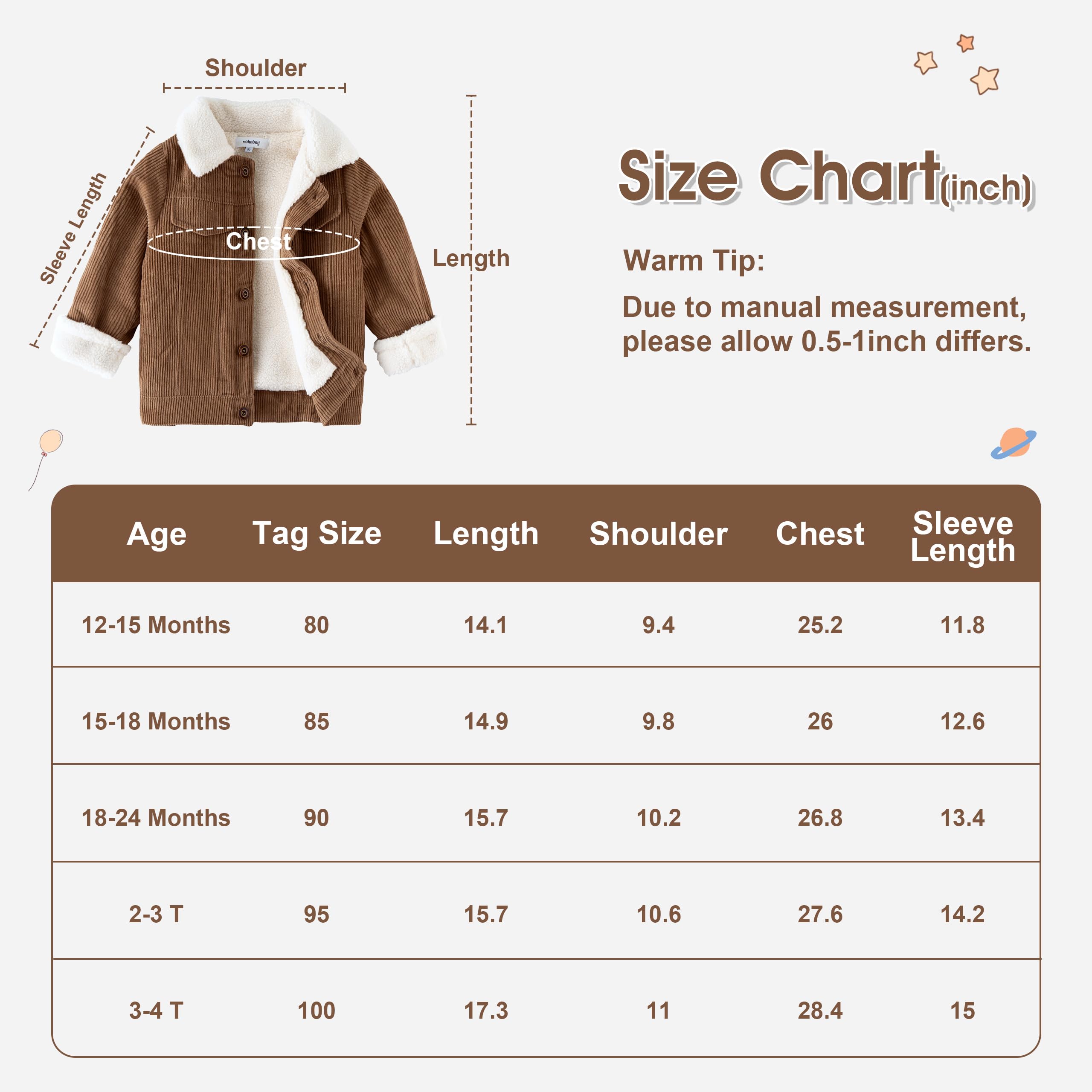 Volunboy Chaqueta de pana para bebé, abrigo de invierno de forro polar para niños, forro de sherpa, con botones, ropa cálida para exteriores