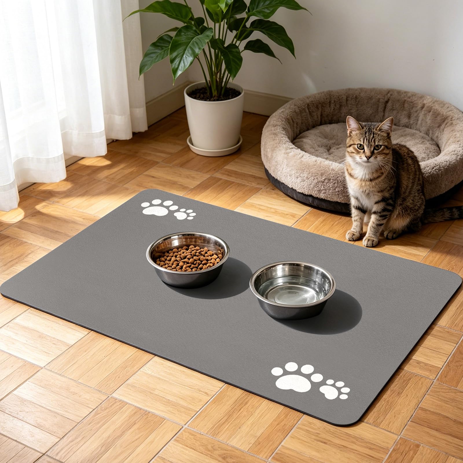SARTNP Pet Feeding Mat, Absorbent Dog Mat for Food and Water, Quick Dry Water Dispenser Cat & Dog Food Mat, Easy to Clean Dog Bowl Mat, No Stains Pet Placemat (Light Grey, 40 x 60 cm)