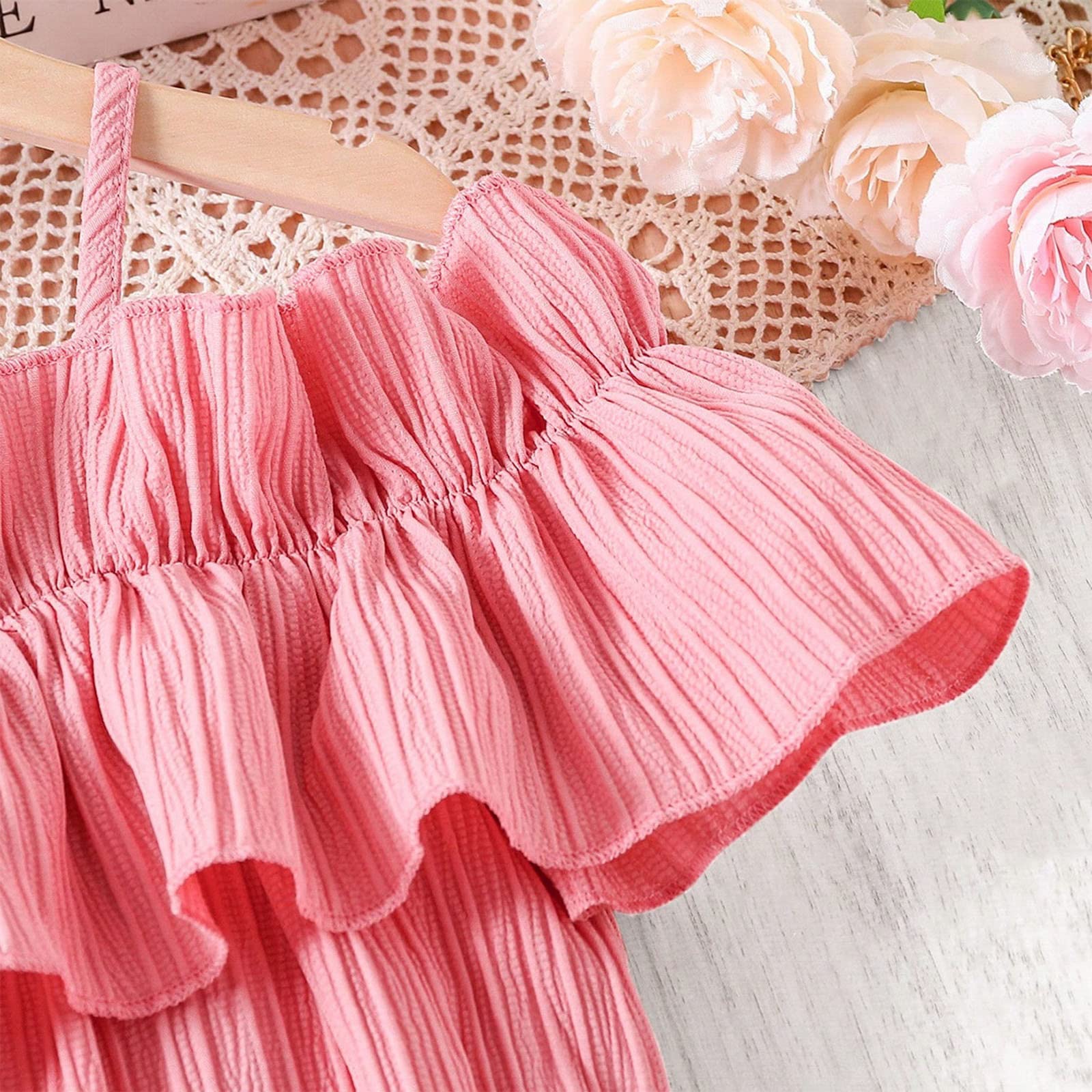 Vestido de verano para niñas, con tirantes delgados, hombros descubiertos, bohemio, casual, vacaciones, playa, mangas, volantes, acampanado, vestido midi