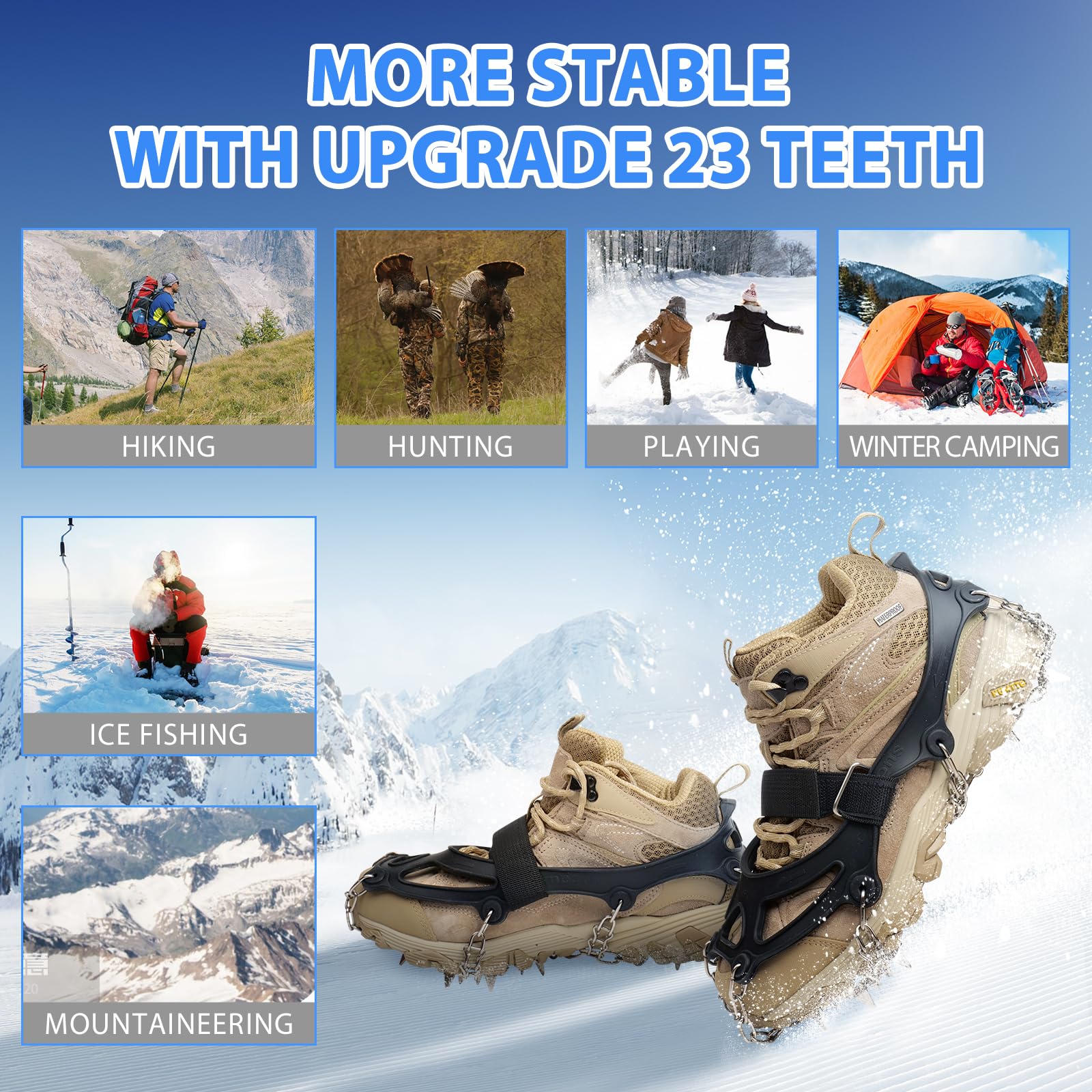 Steigeisen für Wanderschuhe, Schnee, Griffe, Schneespikes, Grödel Eisspikes mit 23 Edelstahl Zähne Verdickte Schuhkrallen, Schuhkrallen für Gehen, Joggen, Angeln, Wandern