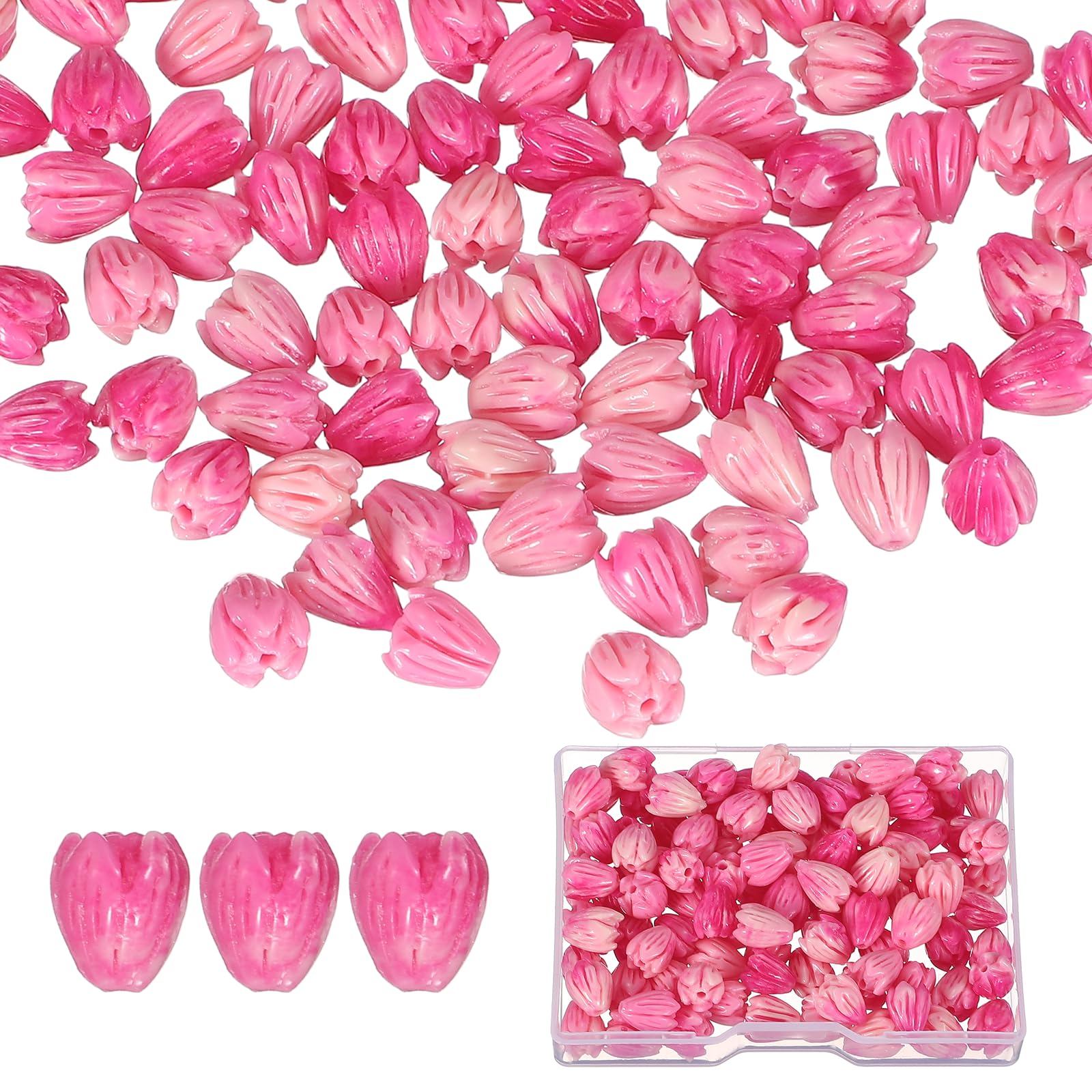 PATIKIL 100 Pcs Coral Flower Beads, 9x6mm Artificial Jasmine Flower Shell Floral Spacer Beads with Transparent Plastic Box for DIY Crafts Accessories, Rose Red/White