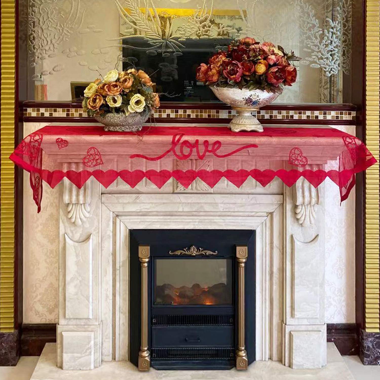 Red Floral Fireplace Mantle Scarf – 90