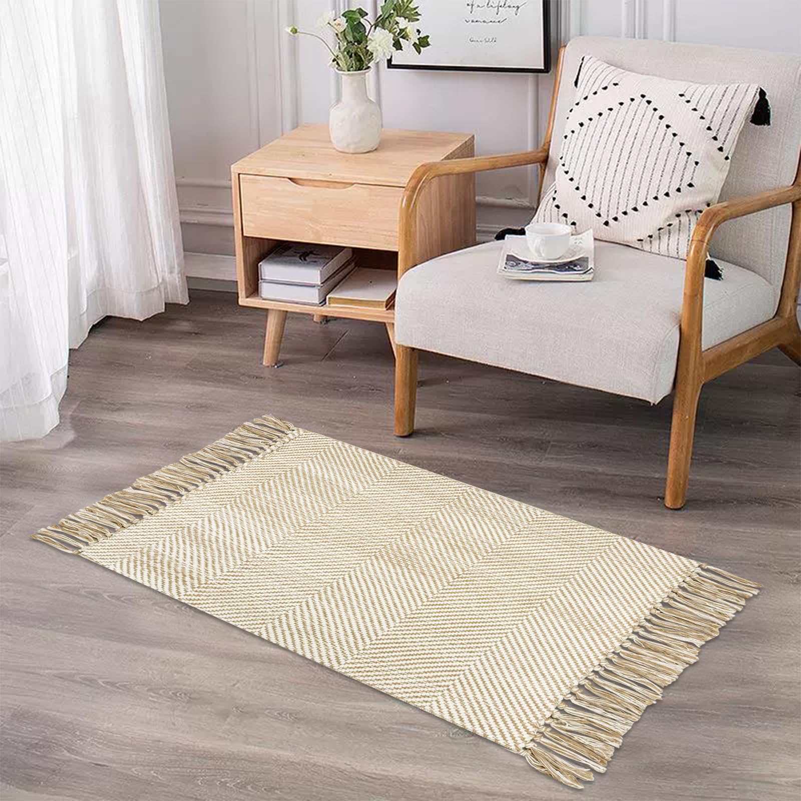 USTIDE Rustic Cotton Woven Twill Weave Braided Small Area Rug Washable Hallway Entryway Runner Modern Fringe Indoor Rug, 60x90cm