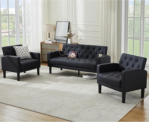 Miniatura 8 de TYBOATLE Mid-Century - Moderno sofá biplaza de piel sintética copetudo negro con 2 USB y 2 portavasos, juego de muebles de sala de estar, sofás