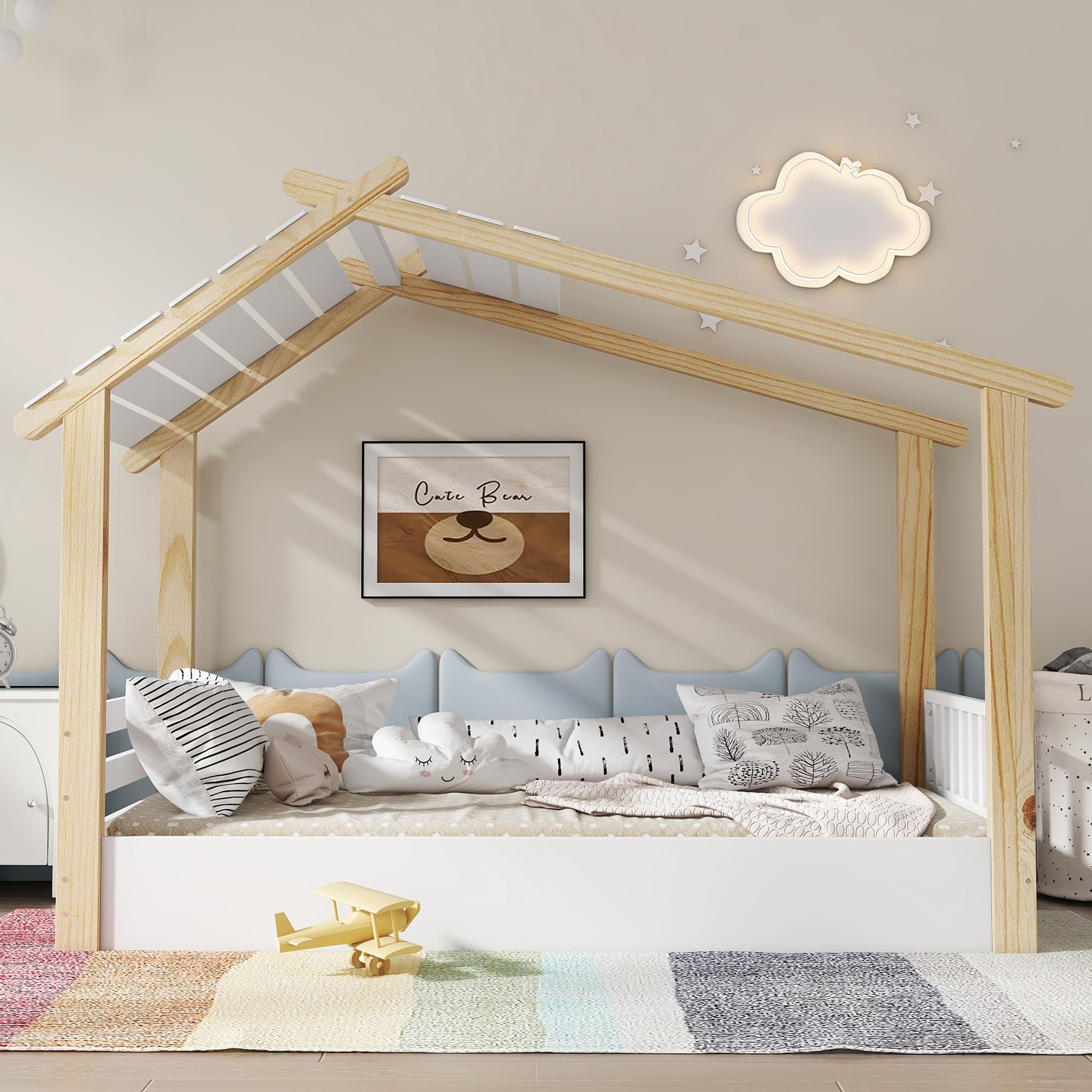 Kinderbett 90x200 cm, Holzbetten Bodenbett mit Rausfallschutz und Lattenrost, Holzhausdesign Bett für Kinder mit Dach, Hausbett mit Zaun für Jungen & Mädchen, Weiß, Kiefernholz, ohne Matratze