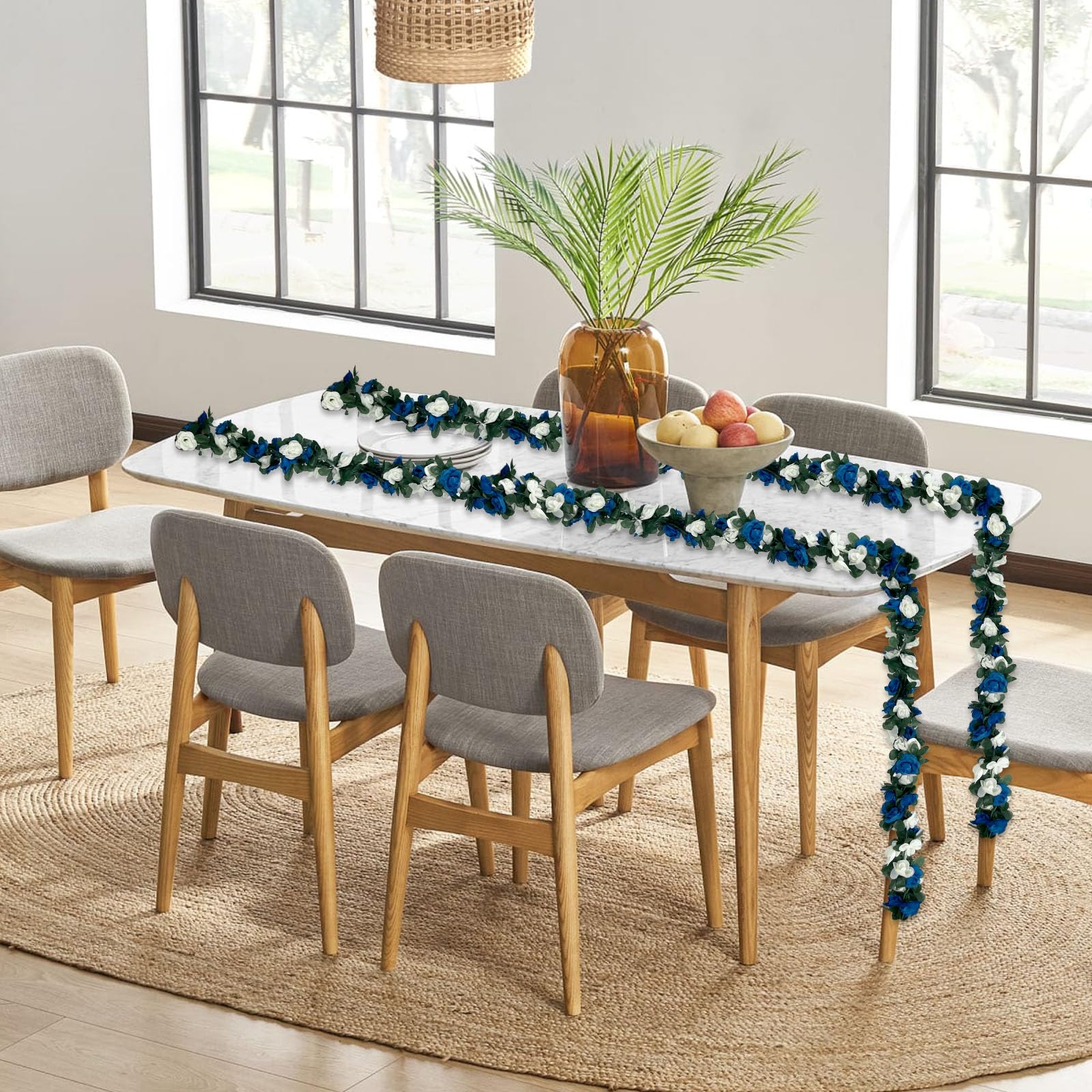 Blau-weiße Rosengirlande, künstliche Ranken, künstliche Ranken, hängende Girlande für Party, Hochzeit, Garten, Zimmertisch, Weihnachten, Hintergrund, Wandbogen, Dekoration, 8 Stück