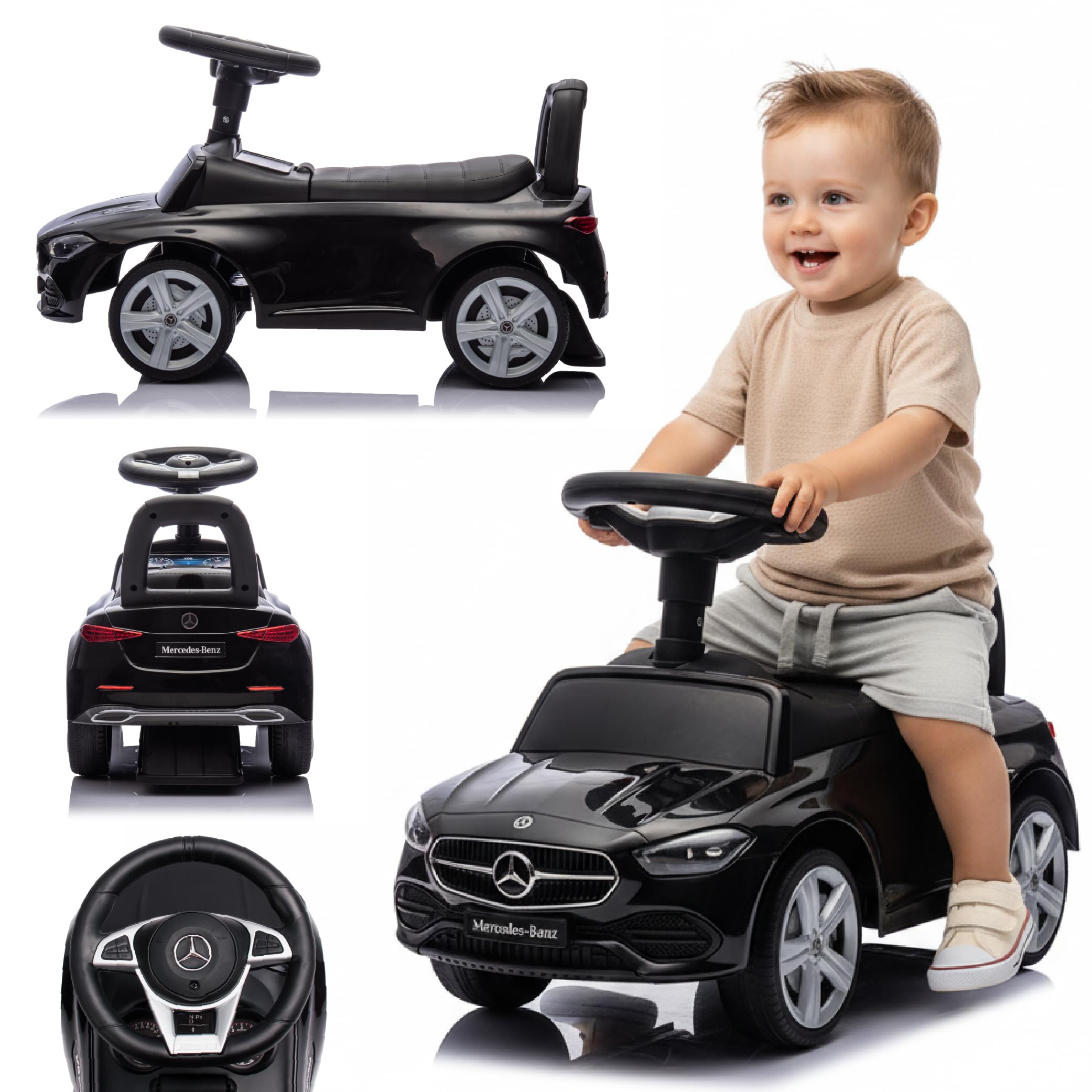 Porteur Enfant 1 an Mercedes AMG C63 Coupe S voiturette, Interactive avec klaxon et Sons de Moteur Push Car (Noir)