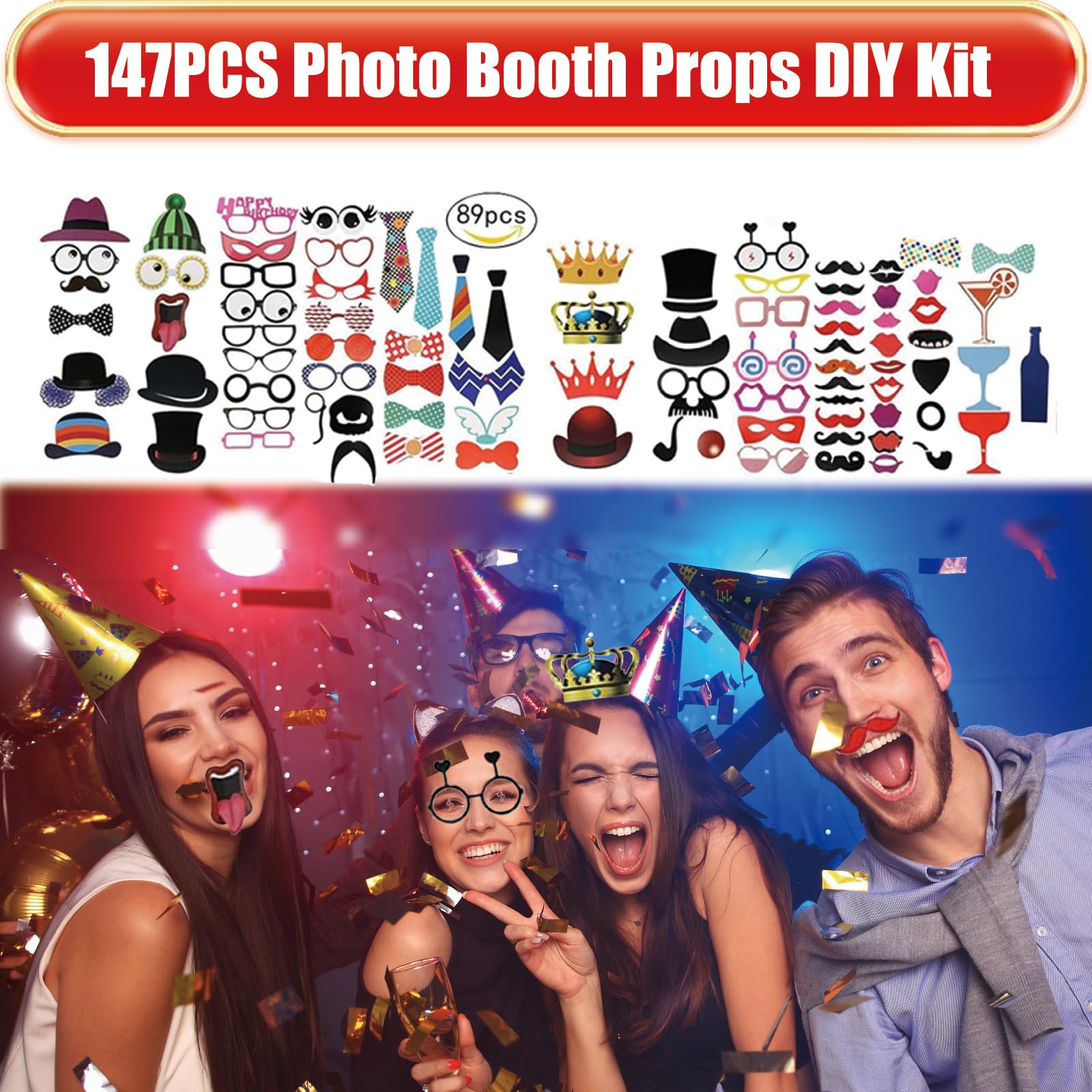 147pcs Accessoires De Cabine Photo,Kit de 147 Accessoires de Fête néon,chapeaux néon, perruques métallisées,lunettes d'obturation, boa colorés, accessoires de photomaton pour mariage, Halloween, Noël