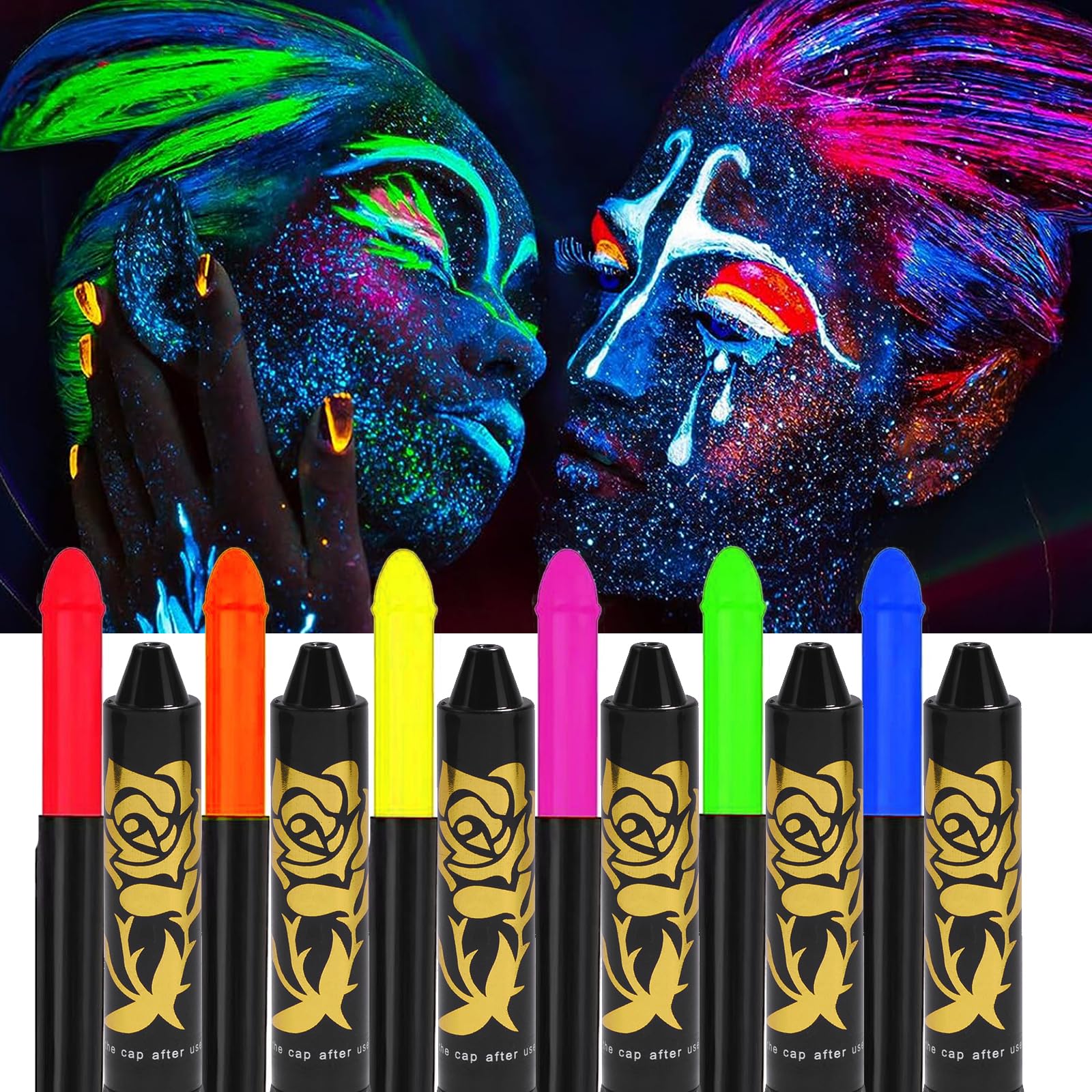 Neon Face Paint - 6pcs Neon Rainbow Face Paint Crayons - UV Blacklight Neon Fluorescent Face and Body Paint Stick - Club Makeup Art Glow in the Dark Festival Face Paint Kit