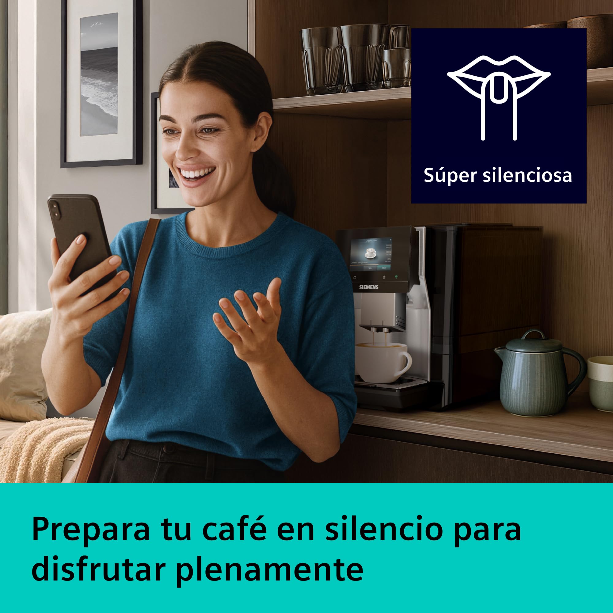 SIEMENS, Cafetera Superautomática, EQ700 iAroma, pantalla táctil, depósito de leche integrado, calentador de tazas, Cold Brew y Slow Brew, app Home Connect, acero inoxidable negro, TQ727E03