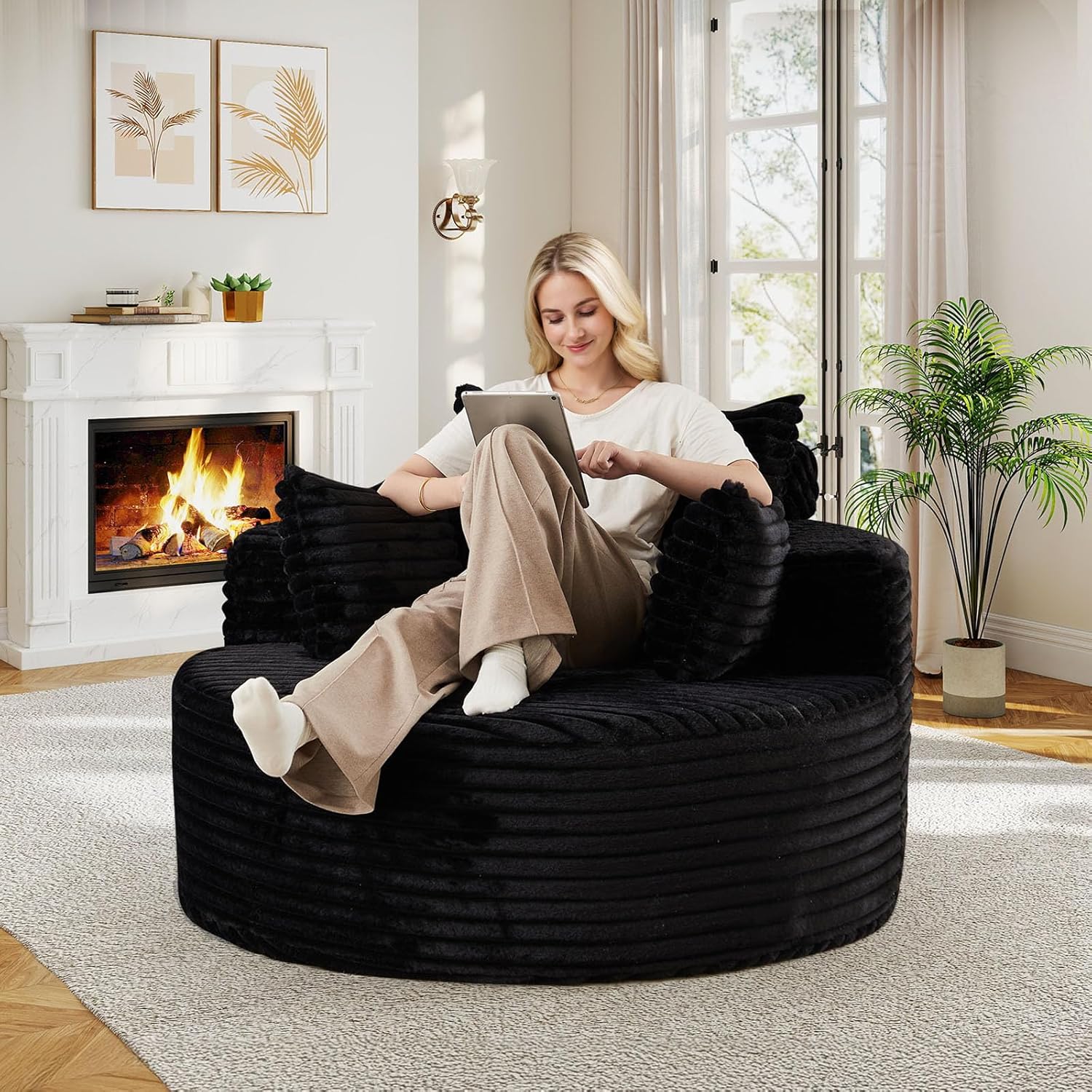 50"W Oversized Round Chaise Lounge Chair Indoor, Upholstered Corduroy Deep Seat Cloud Circle Sofa Chair, Modern Fluffy Comfy Floor Reading Armchair for Living Room, Bedroom, No Assembly Required,Black