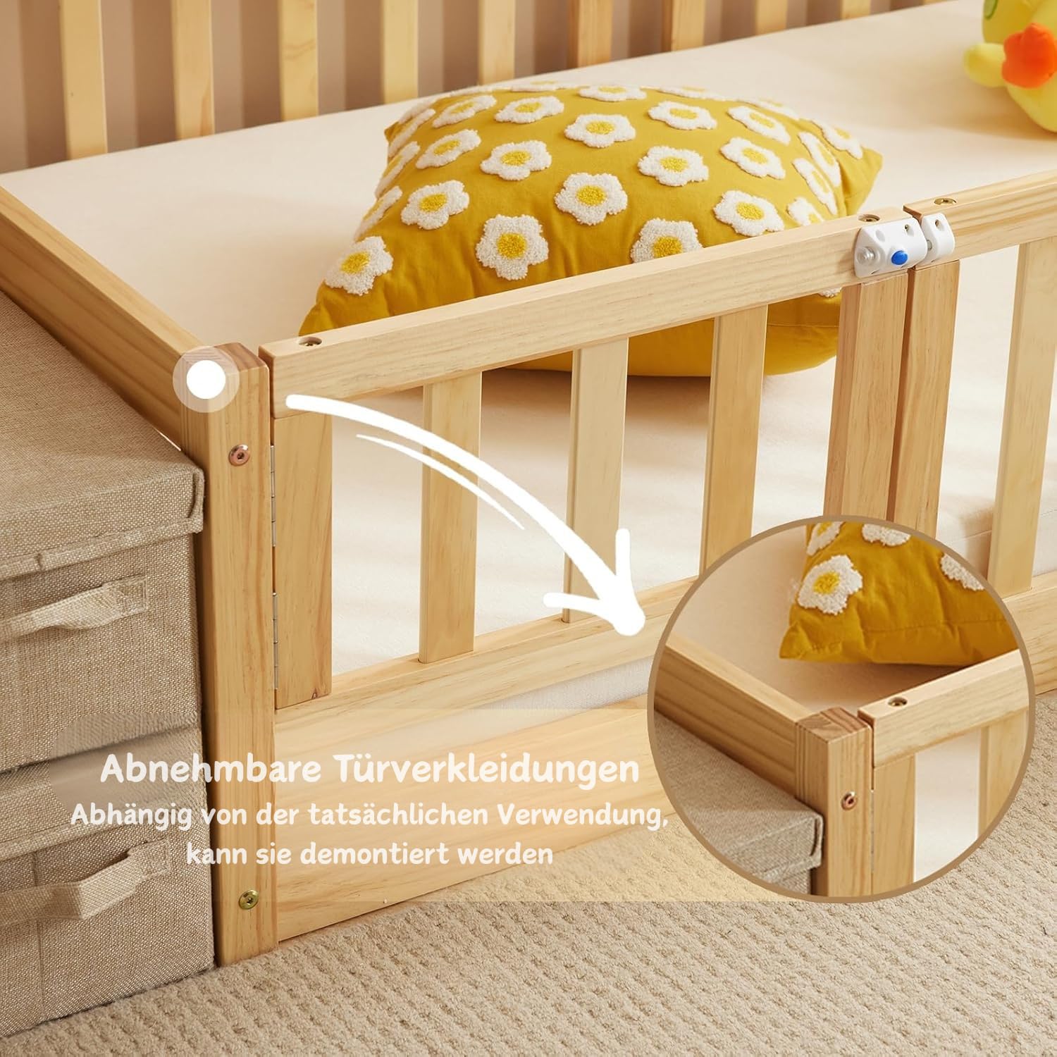 LALAHO 2-in-1 Bodenbett Montessori Kinderbett mit freien Toren, 140×200 cm Herausfallschutz & Lattenrost | Gitterbett, Kinder-Jugendbett, Einzelbett | bis 300 kg Tragfähigkeit, umbaubar（Natur）