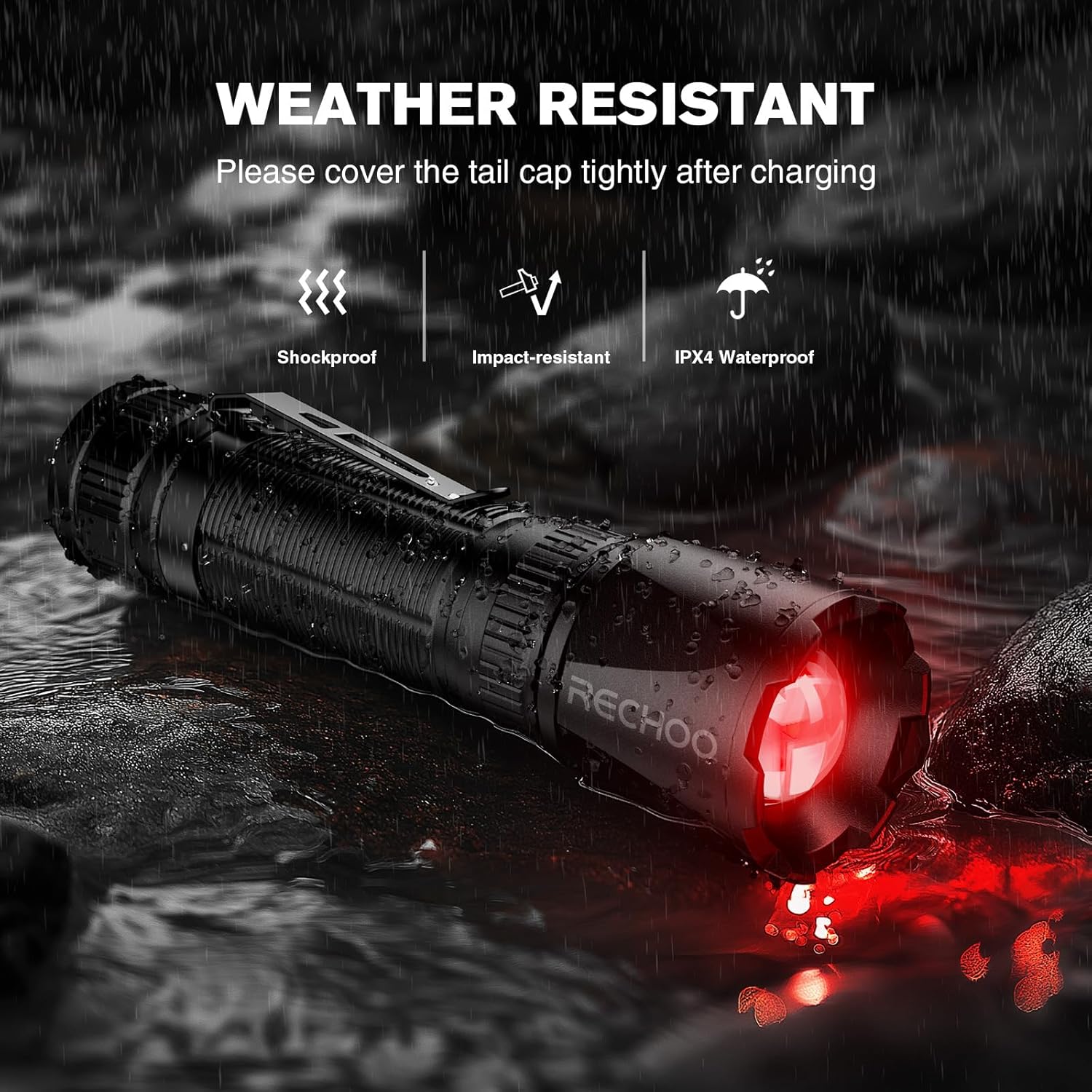 RECHOO Red Light Flashlight, High-Powered 3 Modes Red LED Rechargeable Flashlights with Clip & Lanyard, Zoomable and Portable Red Flashlights for Hunting, Astronomy, Aviation, Night Observation
