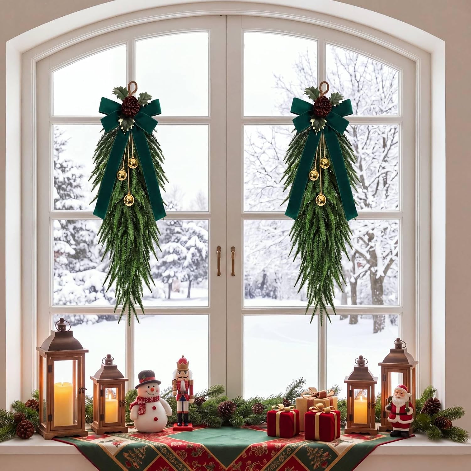 Riceshoot 4 Pcs 30 Inch Christmas Teardrop Swag with Bell Velvet Bow, Green
