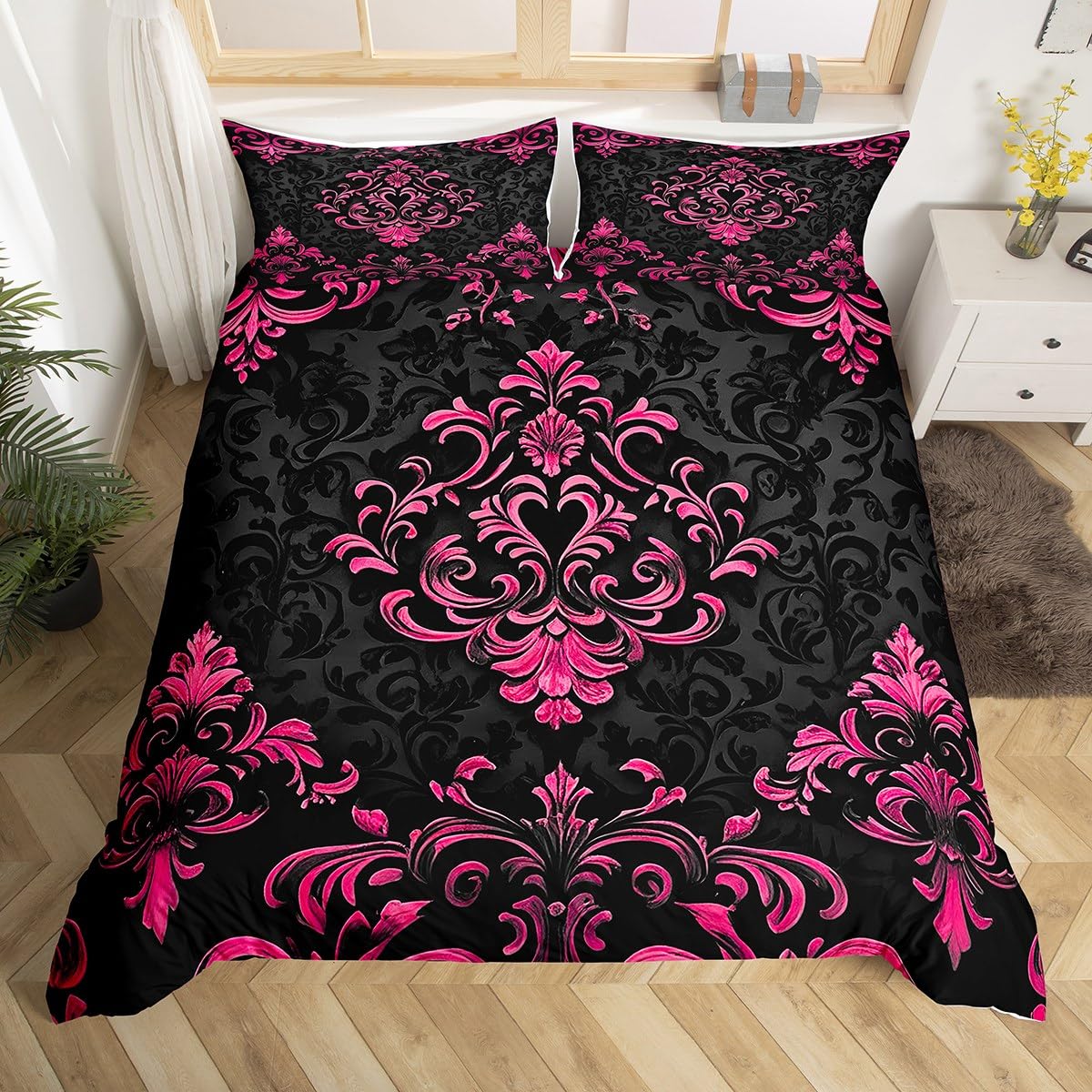 Homewish Boho Damast Bettwäsche 135x200 Vintage Exotic Bettbezug Gothic Schwarz Rose Rosa Bettwäscheset für Kinder Frauen Mädchen Erwachsene,Viktorianisch Barock Blumen Modern Heimdeko Mikrofaser