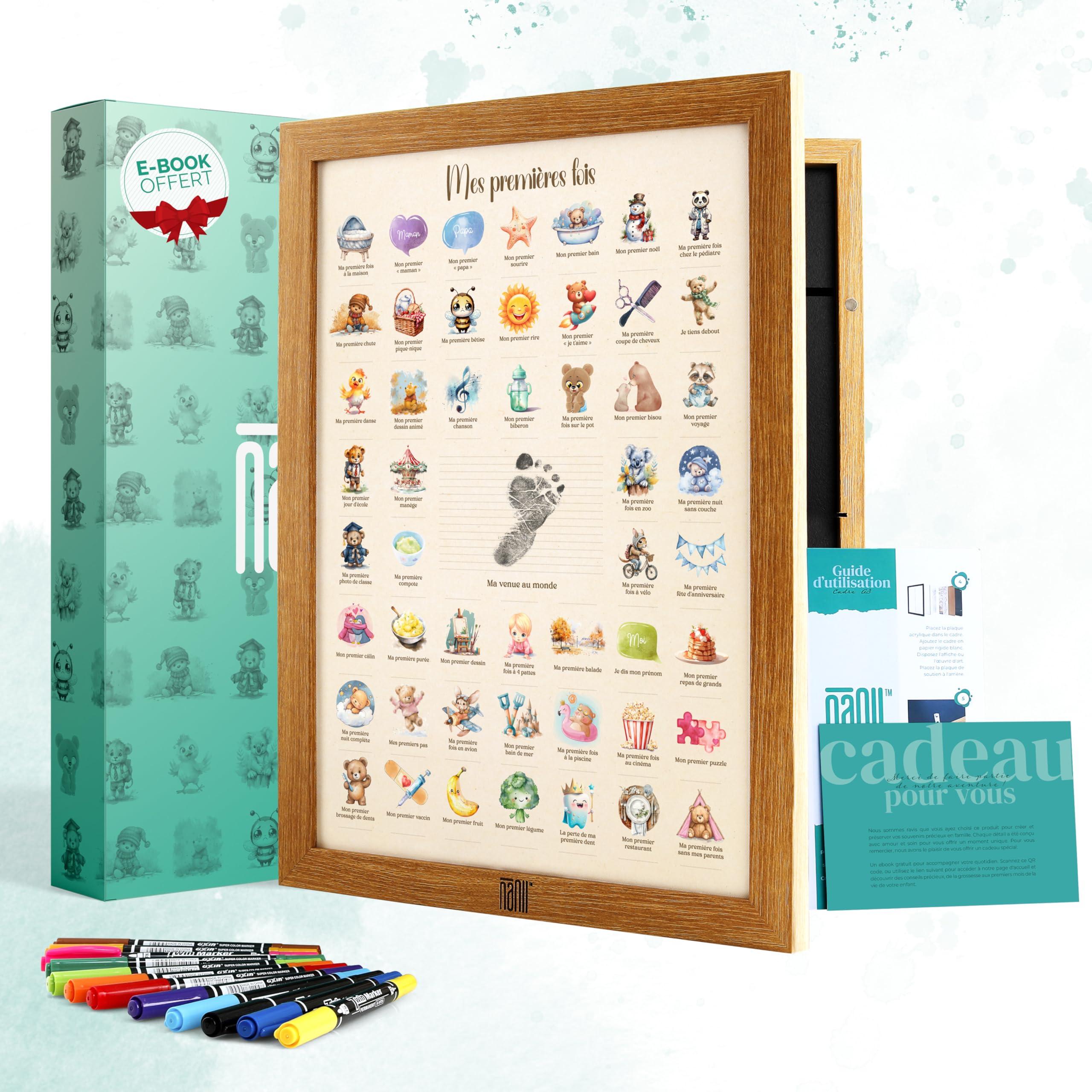 NANII Affiche Mes Premières Fois Bébé – Cadeau de Naissance Fille Garçon – Coffret Cadeau Baby Shower, Boîte Souvenir Parents, Femme Enceinte, Jeune Maman – Décoration Chambre Bébé