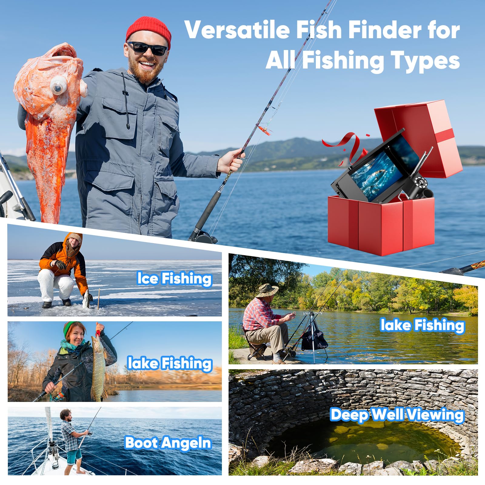 Fischfinder, Unterwasserkamera Angeln mit 4.3 Zoll IPS Display, 220° Weitwinkel Nachtsicht und 30m Kabel, IP67 Wasserdicht Fishfinder, HD-Kamera für Alle Gewässer Angelkamera für Angler und Abenteurer