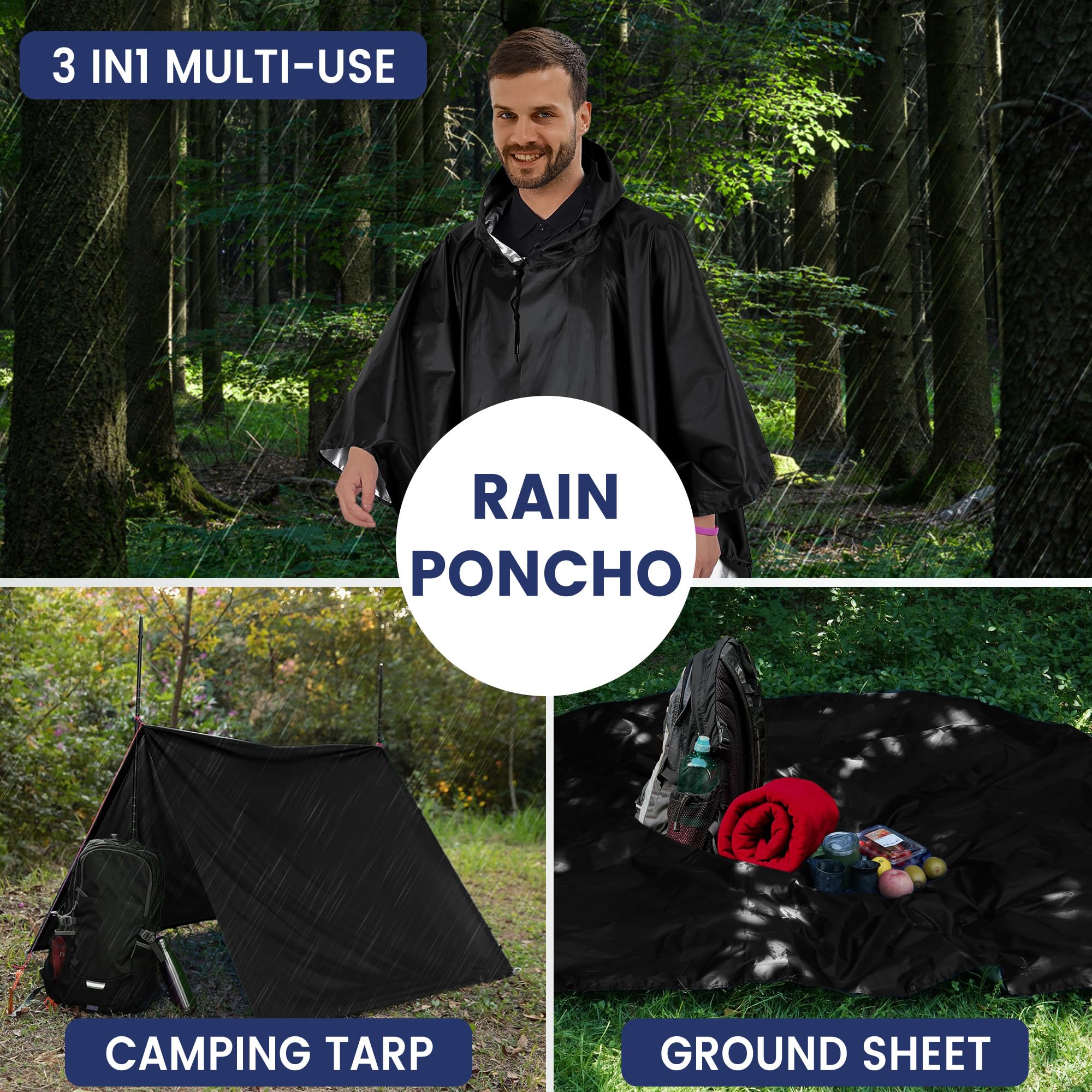 Vortix Poncho de pluie réutilisable 3 en 1 pour homme et femme, veste de pluie, Noir, L