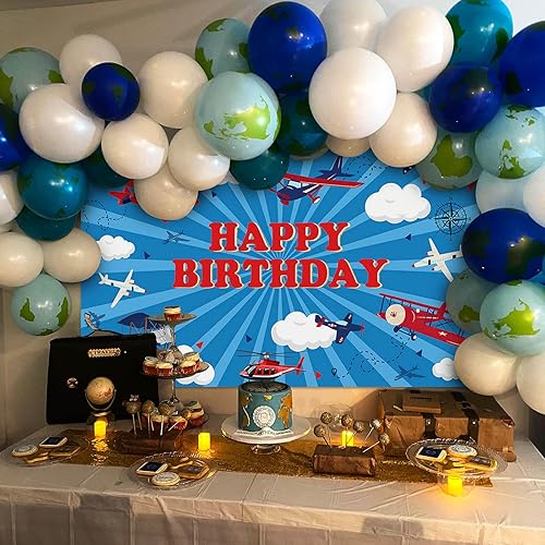Miniatura 2 de Avezano Telón de fondo de feliz cumpleaños de avión para niños, decoración de fiesta de cumpleaños de avión, pancarta temática de moscas de cielo