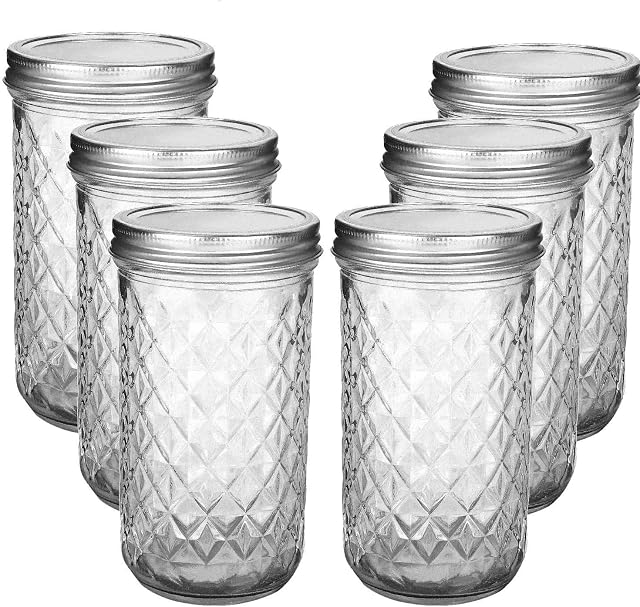 MEETOZ Glass Mason Jars 17 oz (6 Pack) Quilted Crystal Jelly Jars with Lids and Bands, Wedding Favors, for Honey, Jam Fermenting, Kombucha, Kefir, Storing and Canning Uses