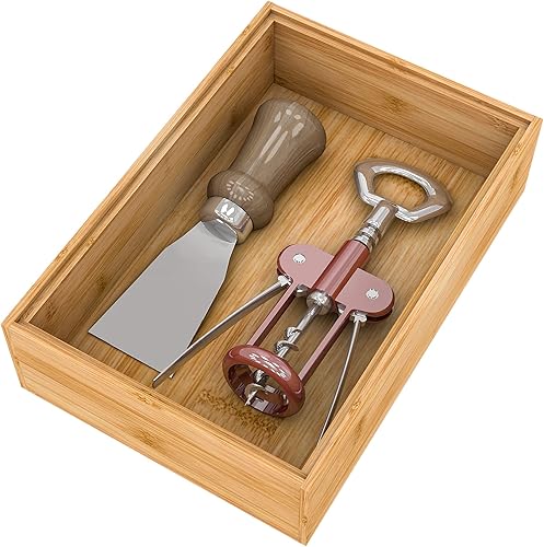 Bambloom Organizador de utensilios de cubiertos, organizador de cajones de cubiertos de bambú, apilable, bandeja de almacenamiento de madera para