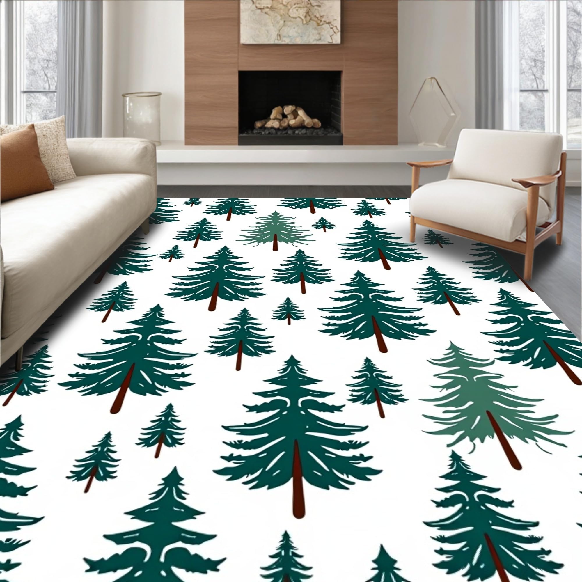 Flatwoven High Traffic Area Rug 6x9, Pine Tree Forest Latch Stitch Kit Winter Landscape Pillow Embroidery, Non Slip, Stain Resistant, Washable Area Rugs for Living Room, Bedroom (White, 6x9, Pad)