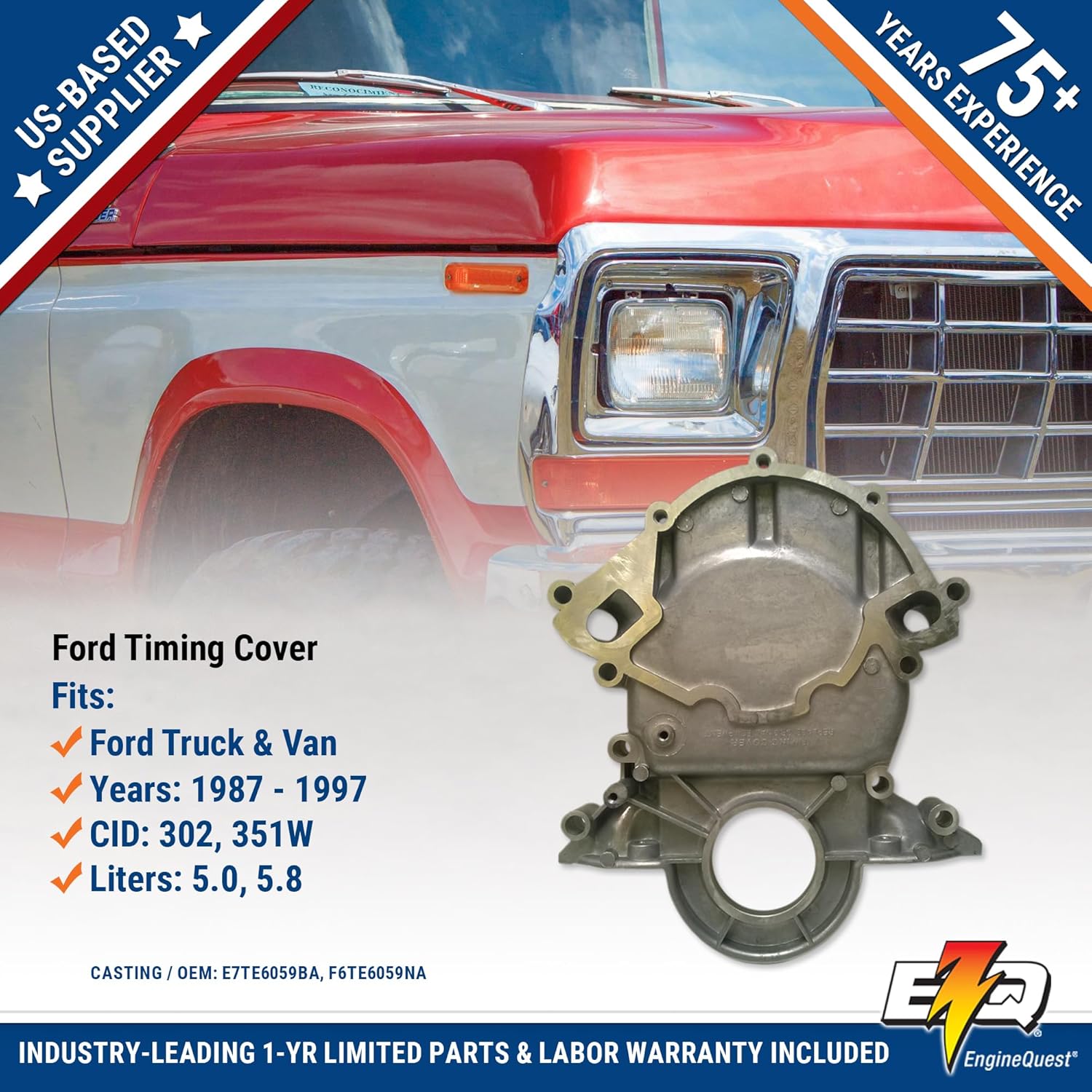 Timing Cover 5.0L 5.8L V8 for 1987-1997 Bronco, F150, E150 | OEM Replacement F6TZ6019NA | Durable Aluminum Cast | New Casting