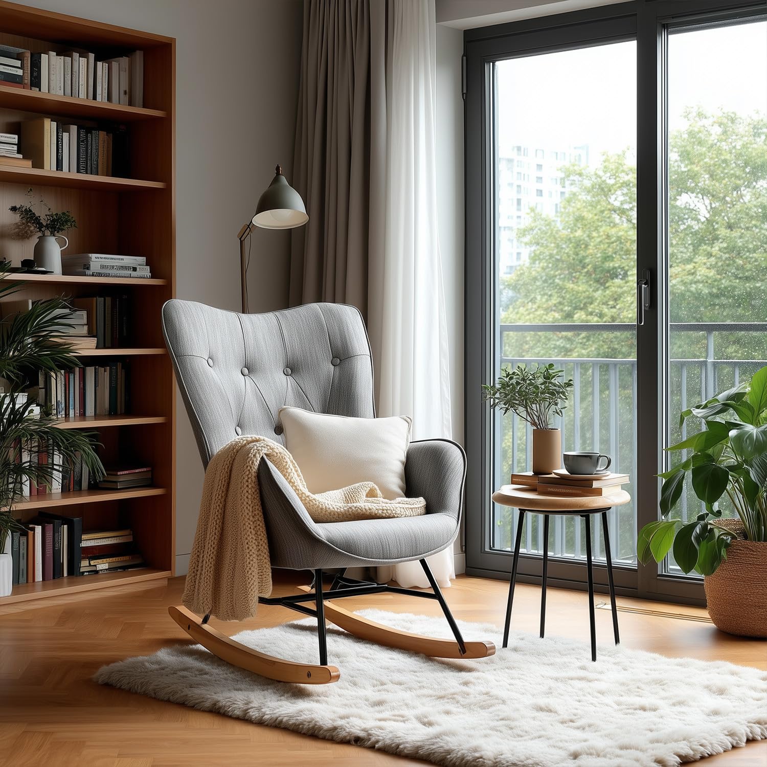 MEUBLE COSY Poltrona Relax, Sedia a Dondolo Confortevole in Tessuto con Gambe in Legno e Metallo per Soggiorno, Decorazione con Bottoni