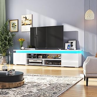 LED TV Stand for 95 Inch TV, Modern Gaming TV Stand with Power Outlet, High Gloss TV Console Entertainment Center with Storage for Living Room, Bedroom (83 Inch, White)