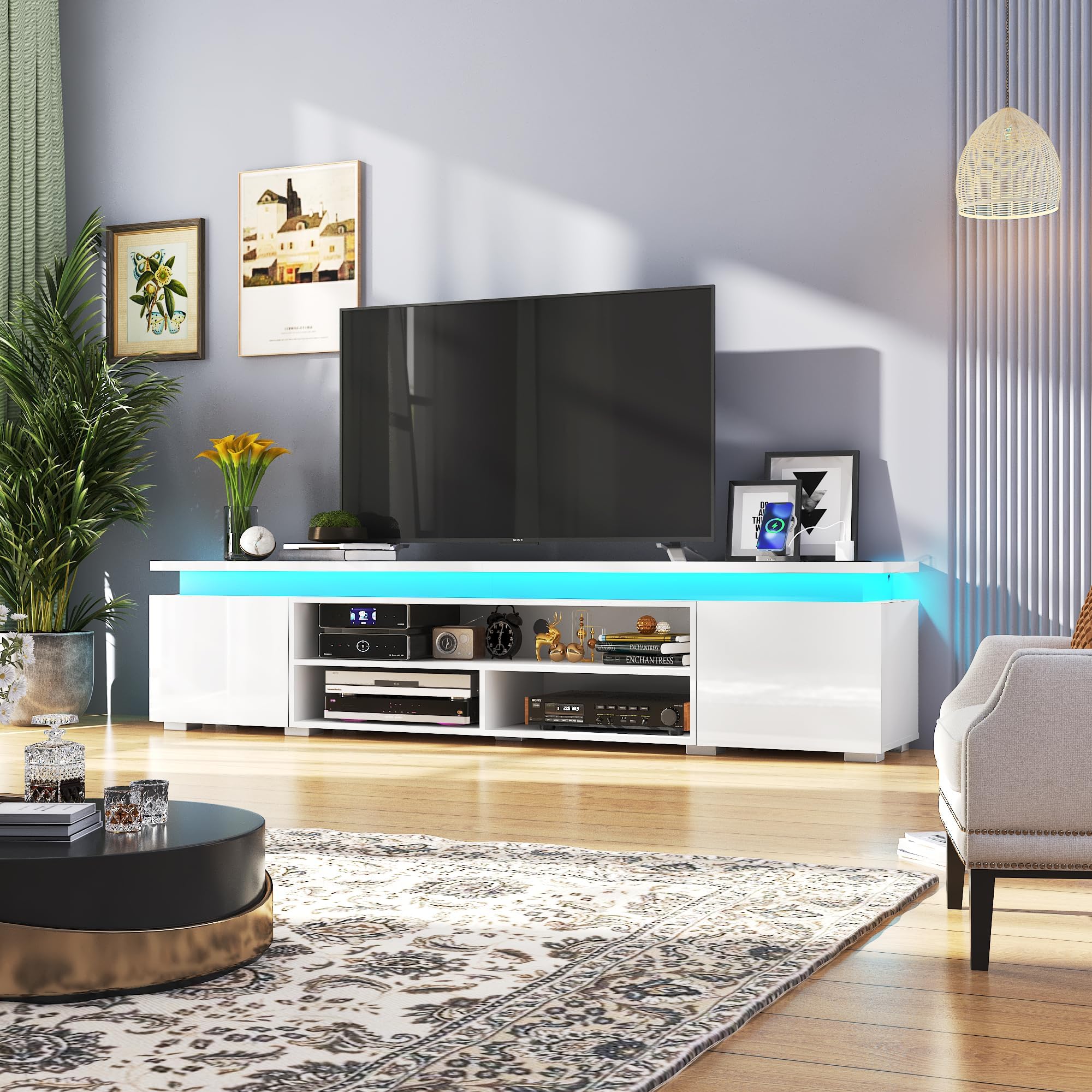 Hlivelood LED TV Stand for 95 Inch TV, Modern TV Stand with Power Outlet, High Gloss TV Console Entertainment Center with Storage and LED Lights for Living Room, Bedroom (83 Inch, White)