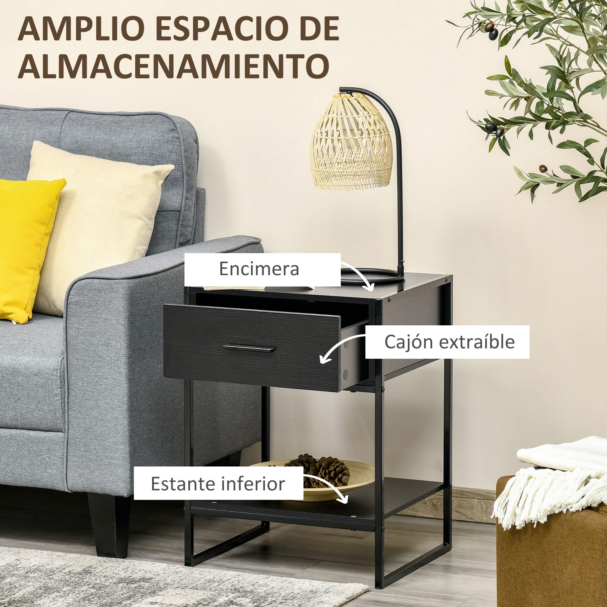 HOMCOM 2 Mesitas de Noche Mesas Auxiliares con Cajón y Estante de Abierto Estilo Moderno para Dormitorio Salón Cama Oficina 45x40x60 cm Negro