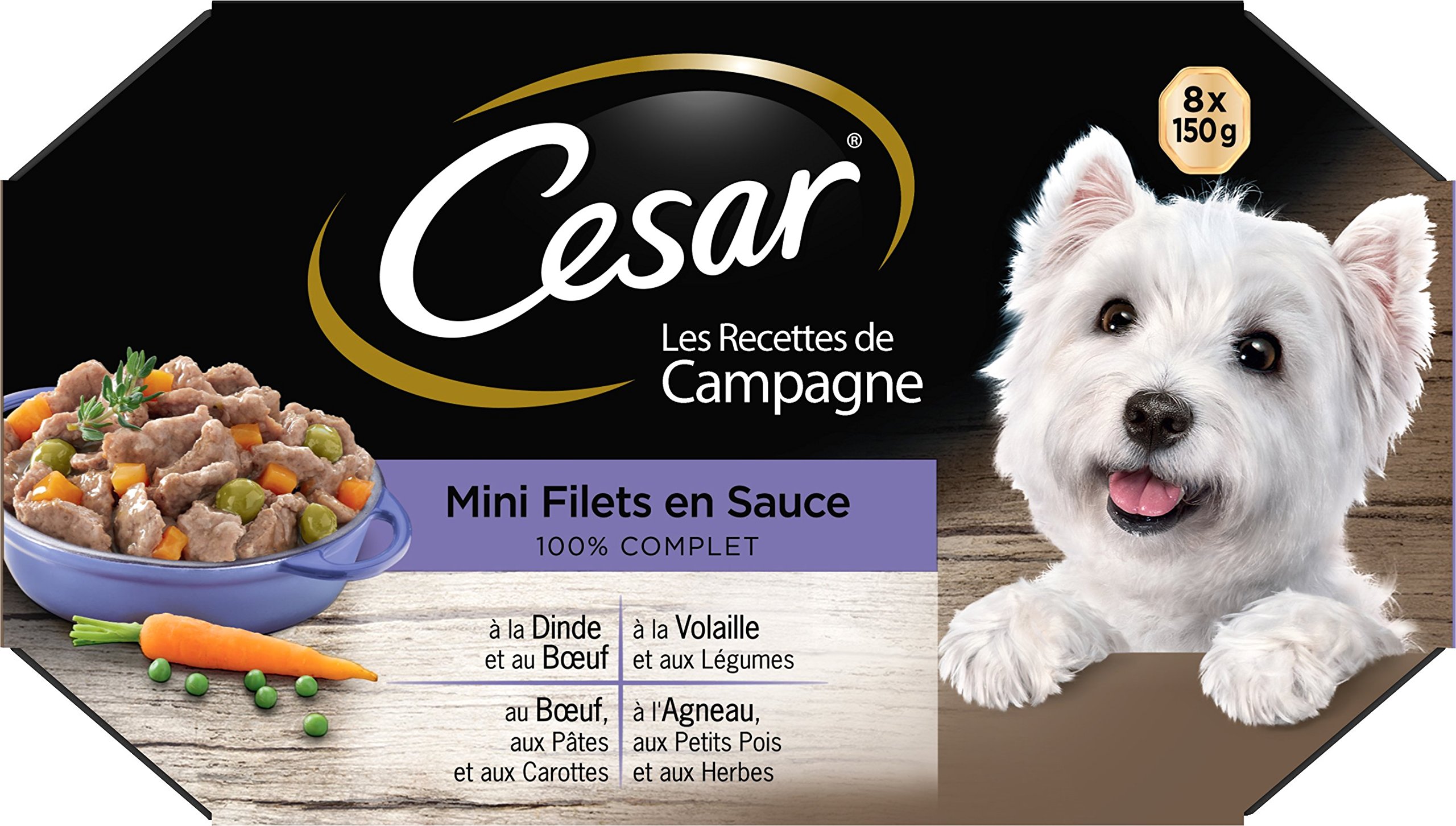 Cesar Hundemahlzeit – 24 Schalen (3 Packungen mit 8 x 150 g) – Nassfutter für Hunde in Sauce – Rind/Huhn/Lamm/Truthahn – komplettes Futter & ausgewogenes Futter mit natürlichen Inhaltsstoffen